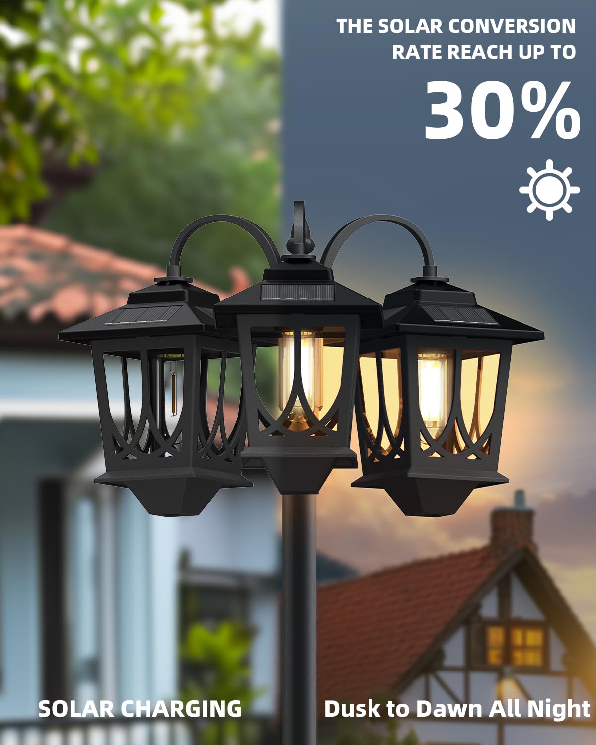 DOESLAG 73in Aluminum Solar Lamp Post Light 3-Head Waterproof Black UV-Resistant Plastic Model 18H0218-01