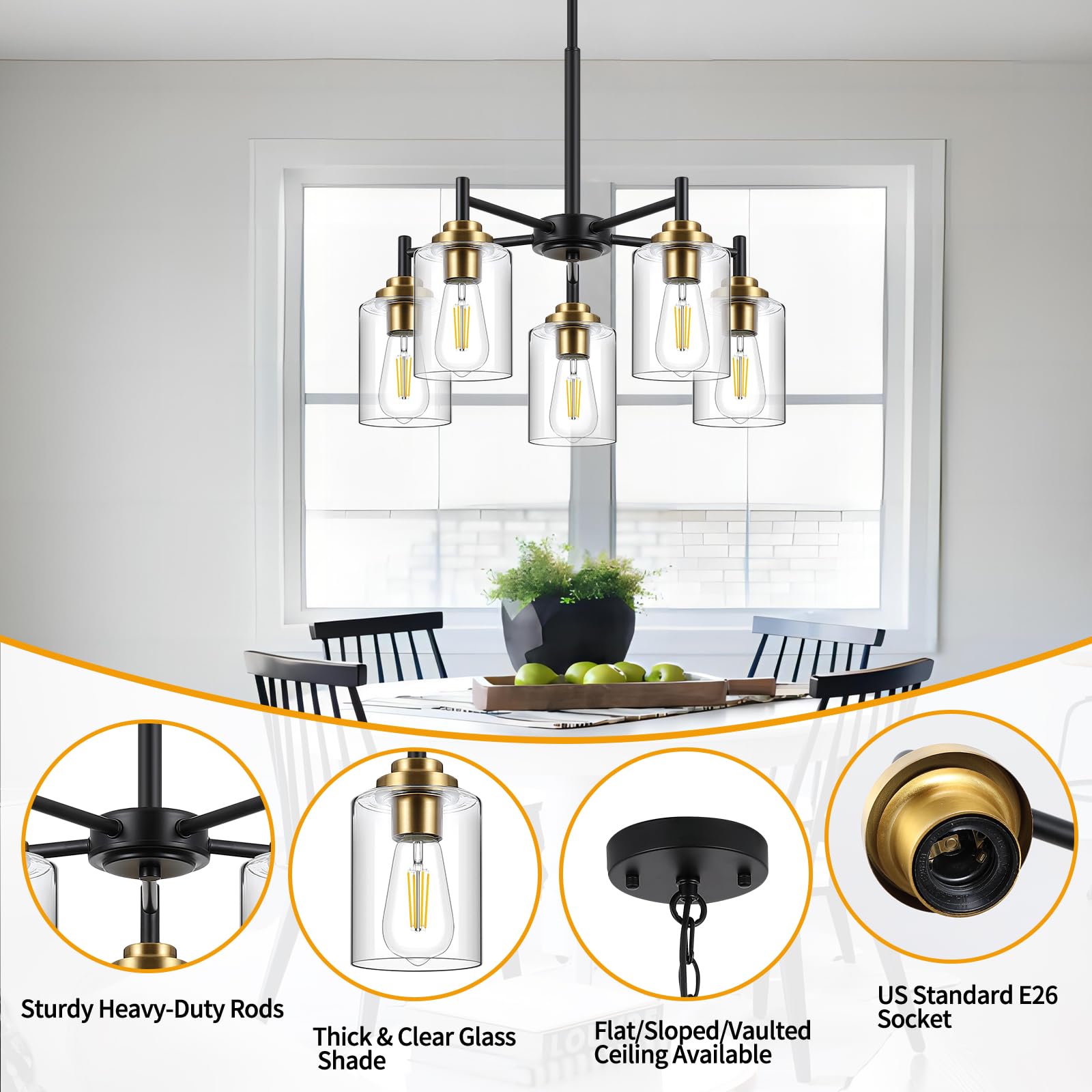 9Mmml 5 Lights Glass Chandelier,Modern Kitchen Island Lighting Black And Gold Metal Dining Room Light Fixture For Living Room Fo