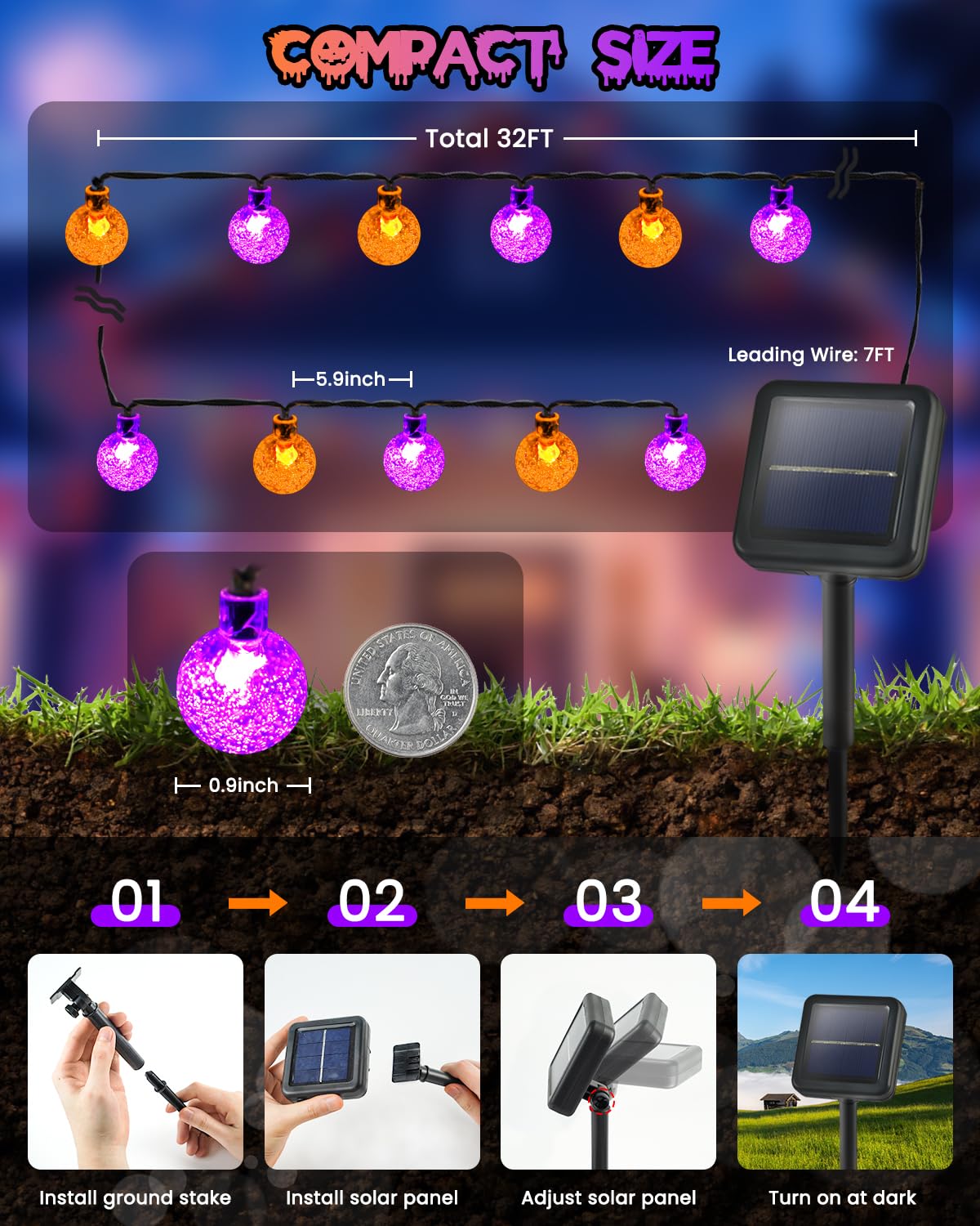 LORRYTE Solar Globe String Lights, 100 LED, 64FT, Purple & Orange, 2-Pack, Waterproof, 8 Lighting Modes for Halloween Outdoor Decorations