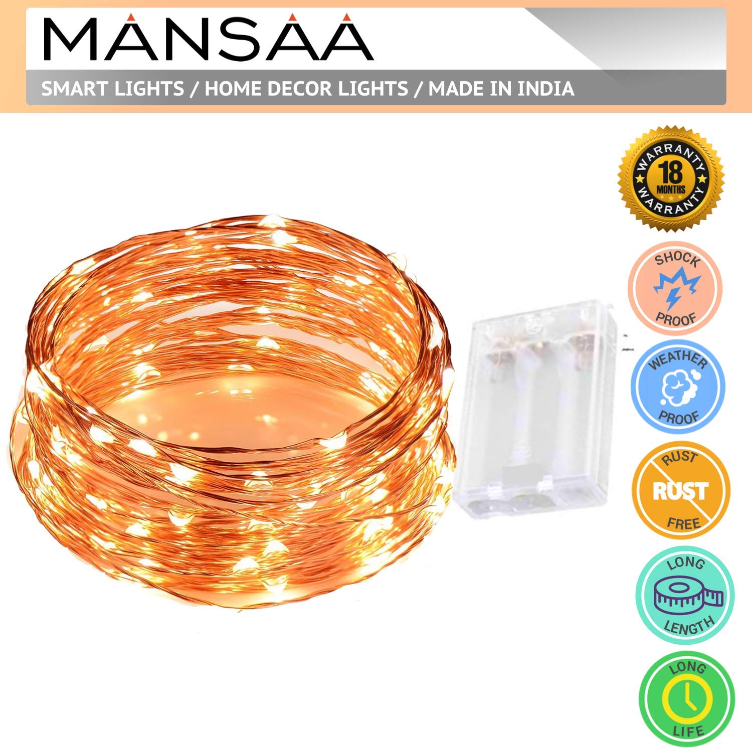 MANSAA M25 Battery Operated LED String Light | 5 Meter 50 LEDs | Yellow Color | Battery Led Lights | Home Decor