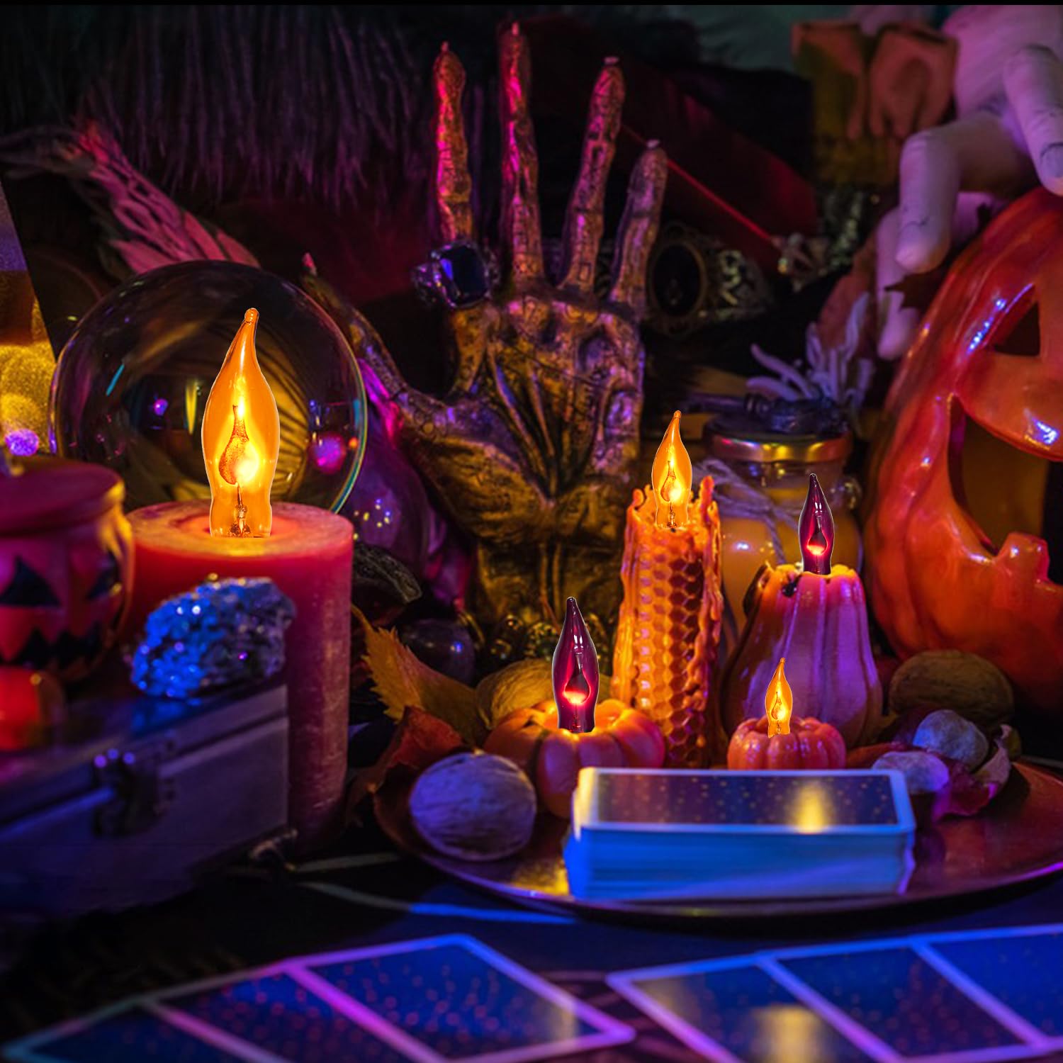 12 Pack Orange And Purple Light Bulbs Halloween Flame Light Bulbs E12 Base, C18 Flickering Flame Light Bulbs For Indoor Outdoor Halloween C7 String Lights Electric Candle Bulbs Replacement - 1W