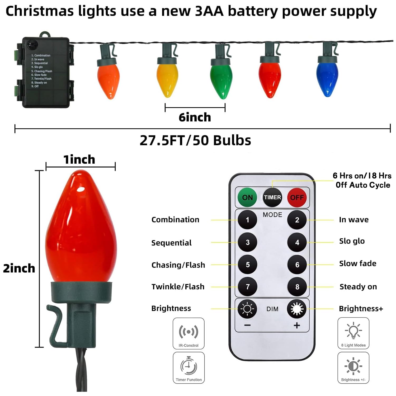 Pasuto 27.5Ft C7 Led Christmas Lights Battery Operated Lights With Remote, 8 Mode Twinkle Vintage Colored Christmas Tree Lights,