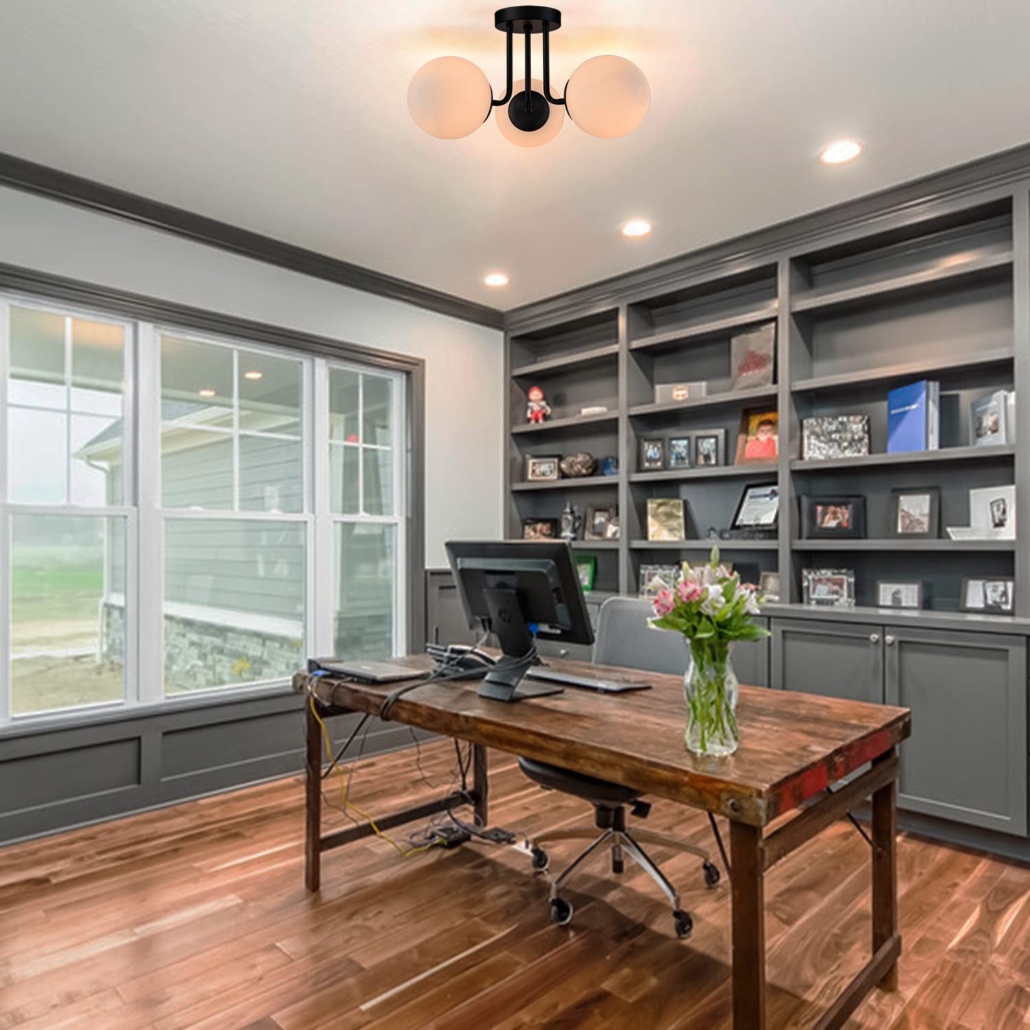 Shawnkey 3-Light Black Metal Semi Flush Mount Ceiling Light With White Globe Shade