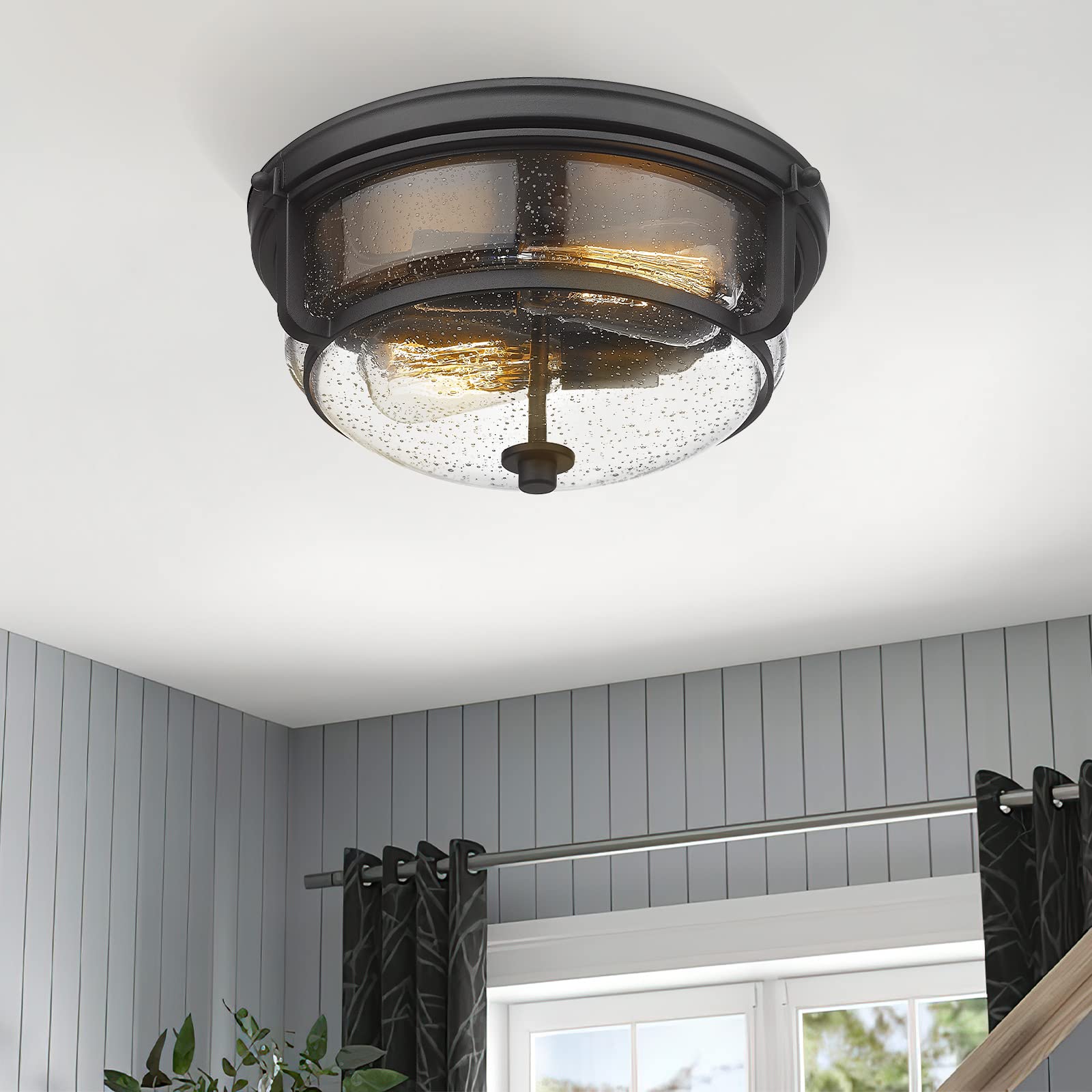 Emliviar 12&quot; Black Flush Mount Ceiling Light With Seeded Glass Shade For Indoor/Outdoor Use