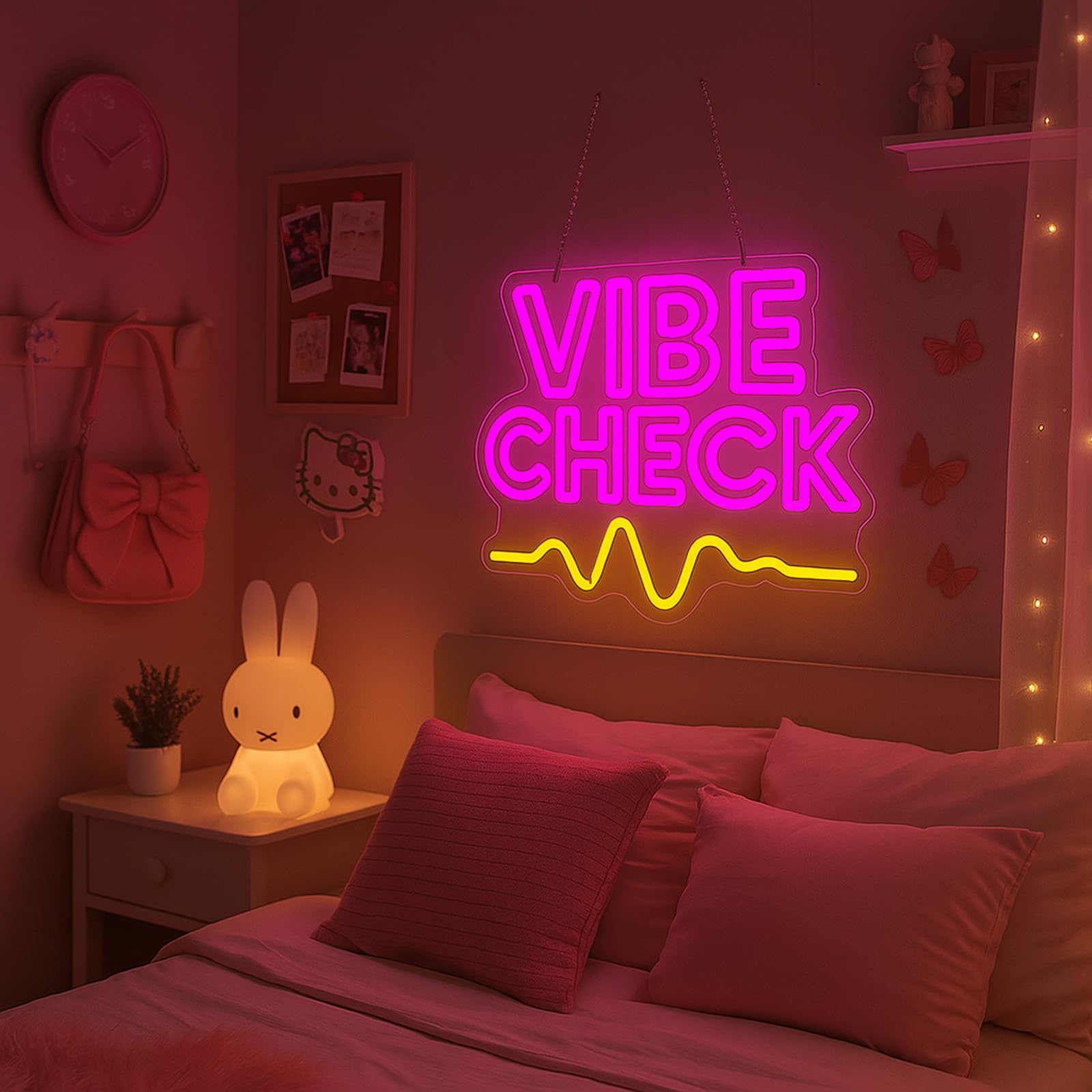 Vibe Check Neon Sign for Wall Decor USB Powered Dimmable LED Pink Word Light Up Sign for Girls Bedroom Game Room Dorm Bar Club C