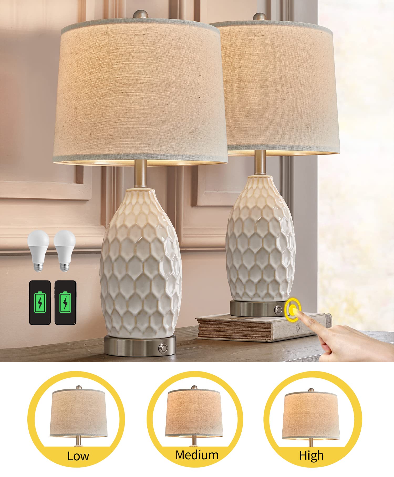 Usumkky Lamps For Bedrooms Set Of 2, 3-Way Dimmable Ceramic Bedside Lamp With Usb Ports For Nightstand, Farmhouse Desk End Table Lamps Buffet Modern Touch Light For Living Room Home, 2 Bulbs Included