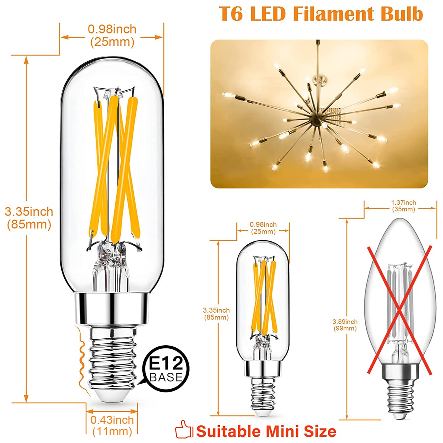 Mlambert E12 LED Edison Bulb 4W (40W Equivalent) Dimmable Warm White 12 Pack T6-XSXW Glass