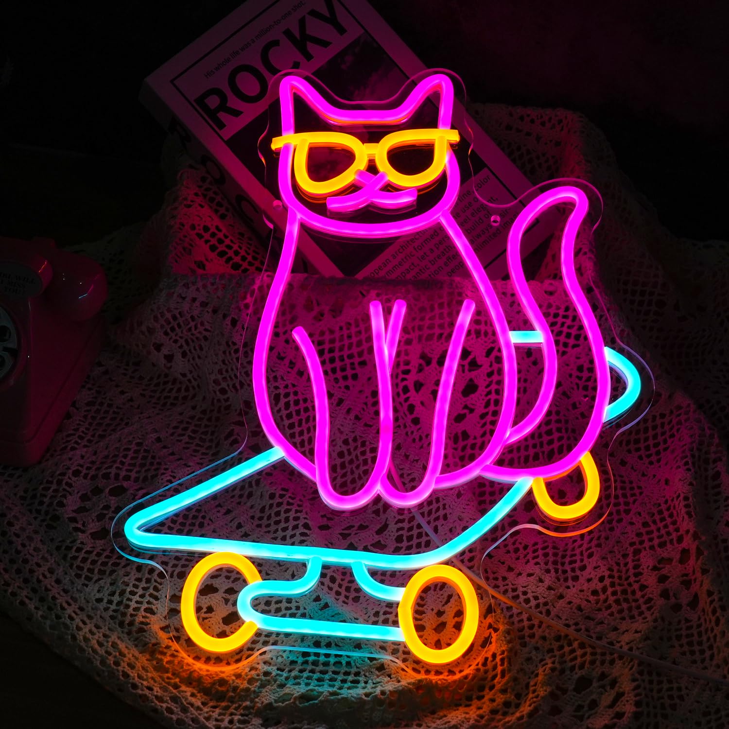 LISIGNVE Skateboard Cat Neon Sign LED Light Dimmable Multicolored Glass Decor for Bedroom Pet Shop Art Gift