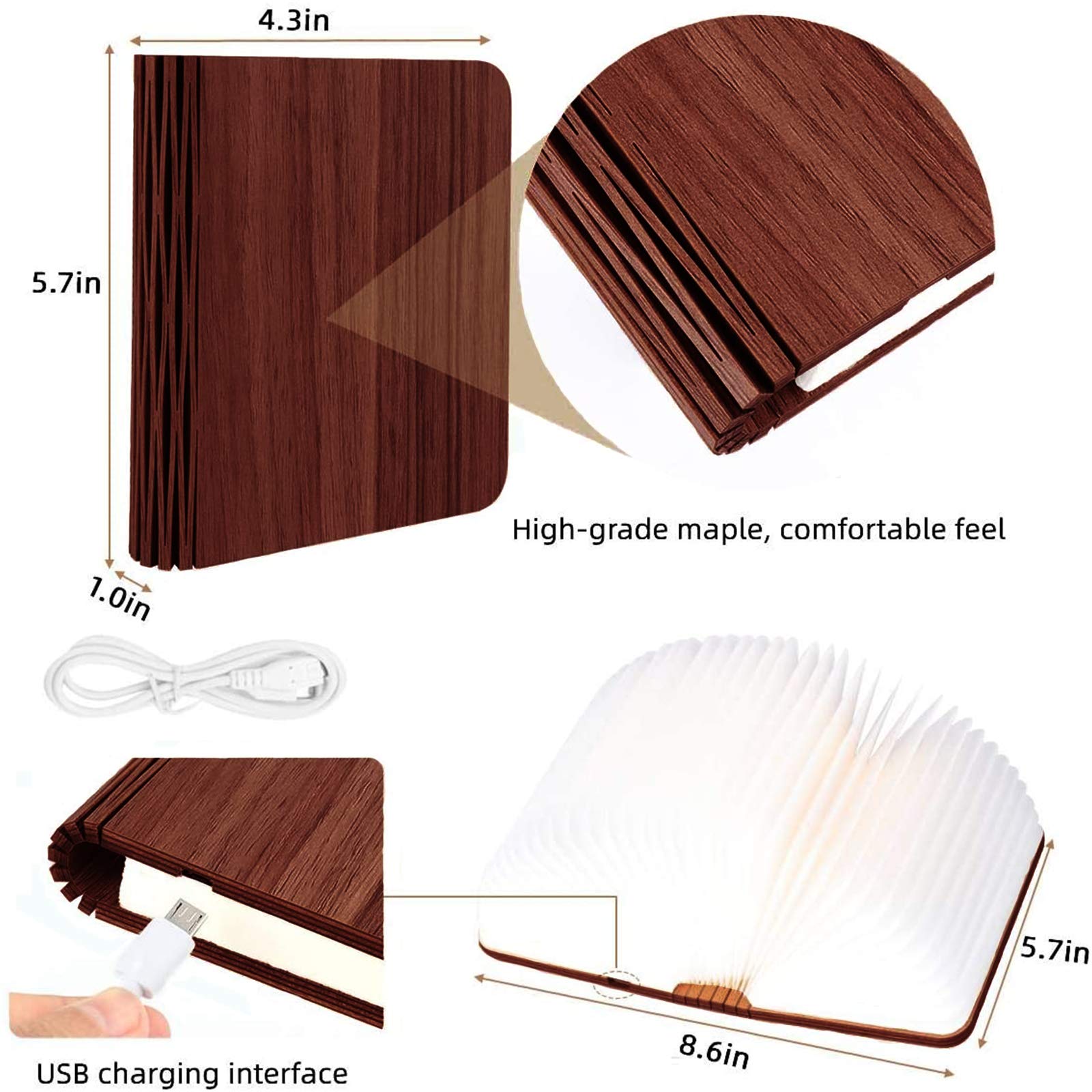 Vergissm Wooden Book Light - Foldable LED Lamp, 3 Colors, Rechargeable, Model Arion Book Lamp-2, Ideal for Home Decor & Gifts