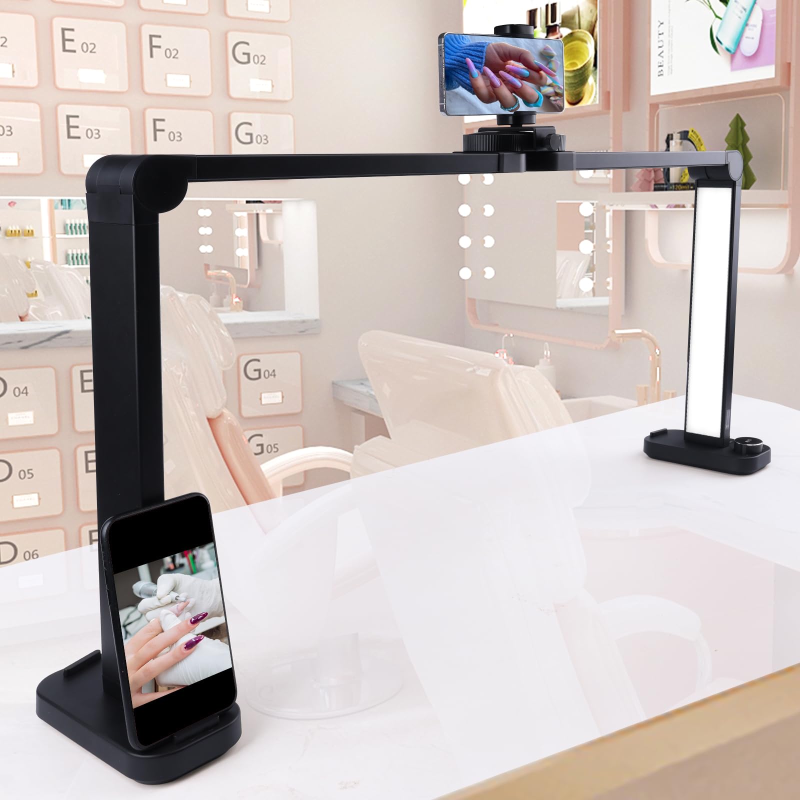 BQAN Nail Tech Lamp 40W with Phone Holder, 3 Modes 3000k-6000k, Foldable Black Desk Light for Nail and Tattoo Use, Model BQMT-855