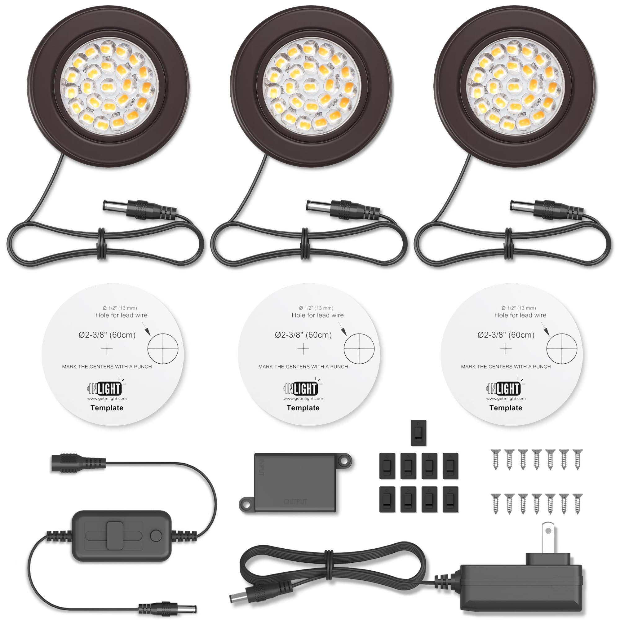Getinlight 2.6'' Wide 3000K Dimmable Led Puck Lights Kit, Plug-In Installation With Recessed Or Surface Mounted, Bronze Finish O