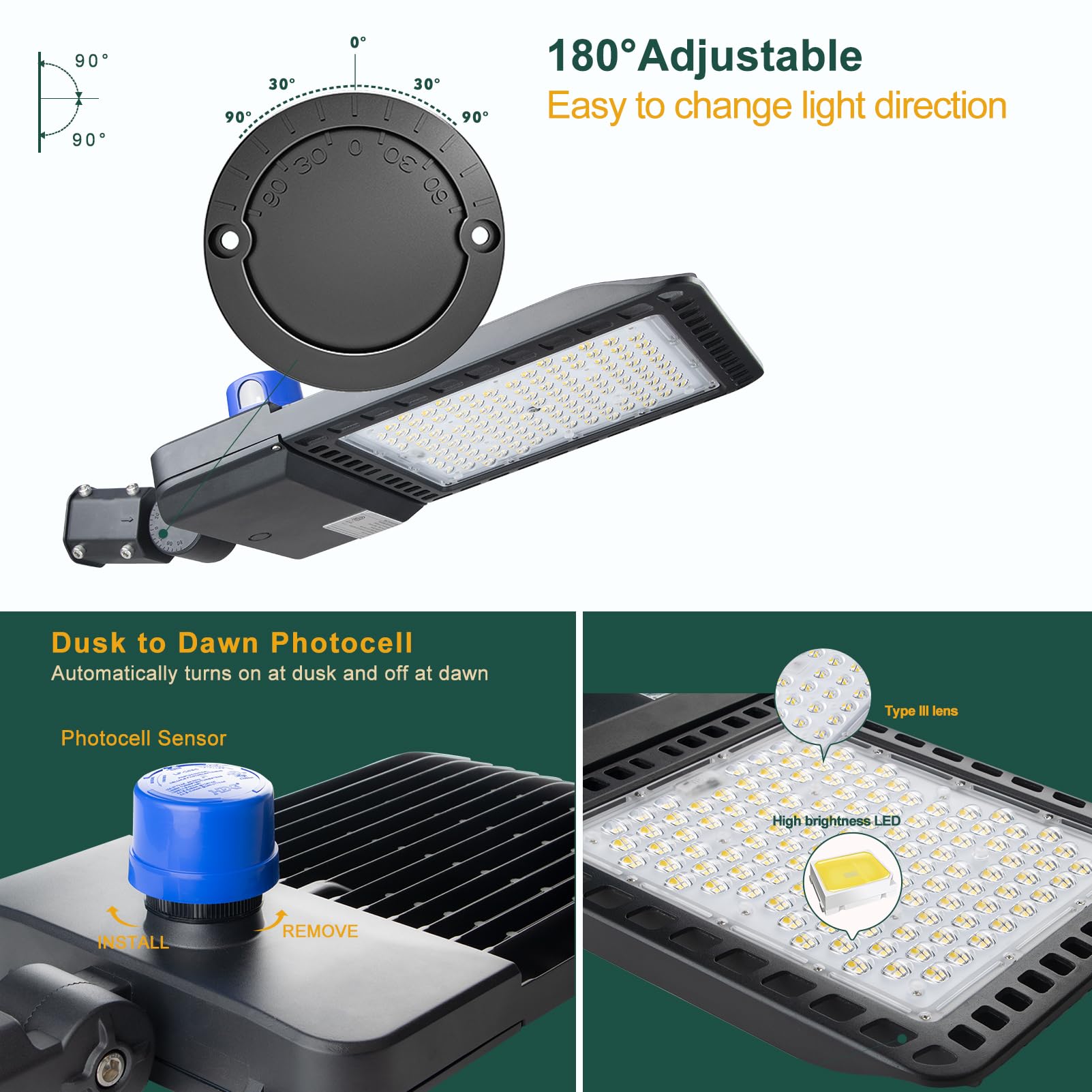 ACOHOOK 320W LED Parking Lot Lights - 48000Lm, Arm Mount, Dusk to Dawn, Waterproof, Black - 3Pack, Model ASB-04