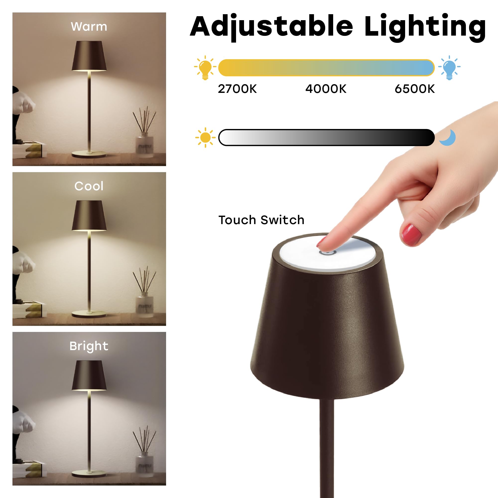 CASABOLA Cordless Table Lamp, Portable LED, 5200mAh Battery, 3 Color Dimming, 4.5inD x 4.2inW x 15inH, Coffee