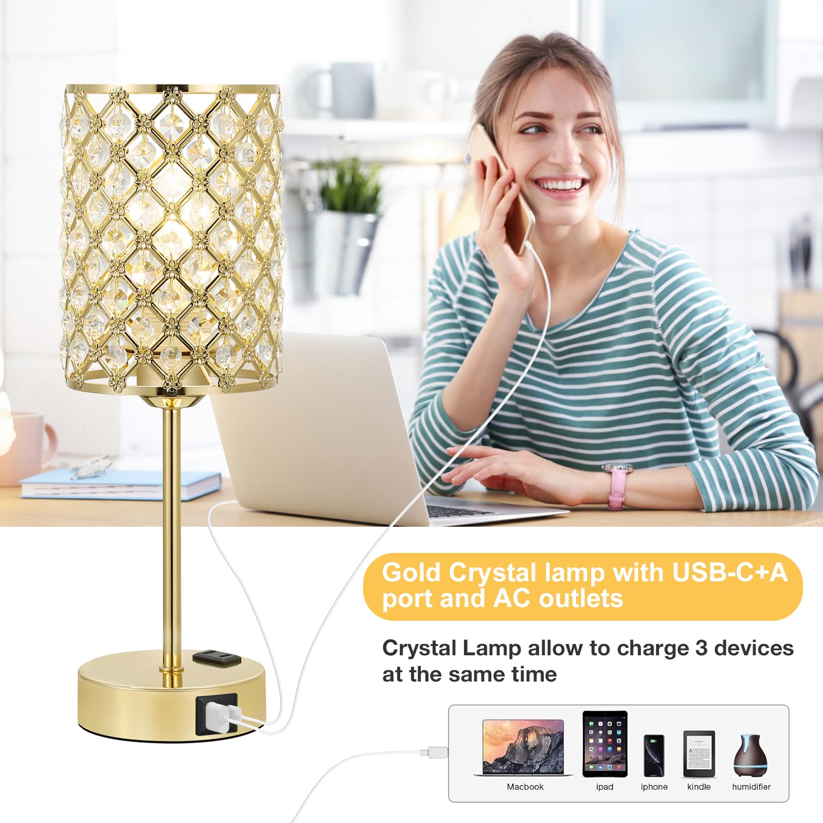 Gold Lamp For Nightstand-Crystal Table Lamp With Usb-C+A & Ac Charging Ports, 3-Way Dimmable Nightstand Touch Lamp, Bedside Desk