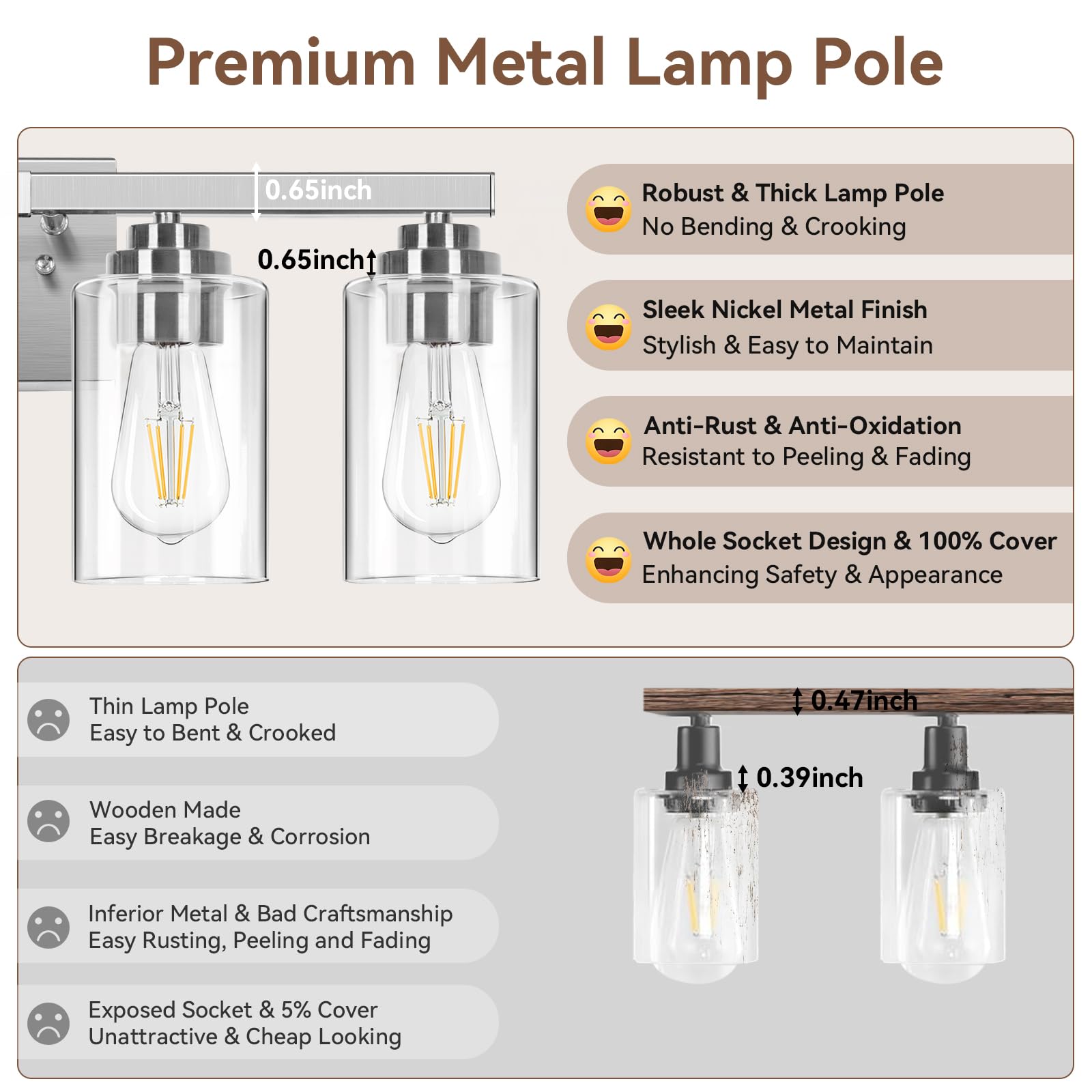 VerRon 4-Light Bathroom Light Fixture, Brushed Nickel, Metal, Model B27002PB, Modern Vanity Lights with Clear Glass Shades