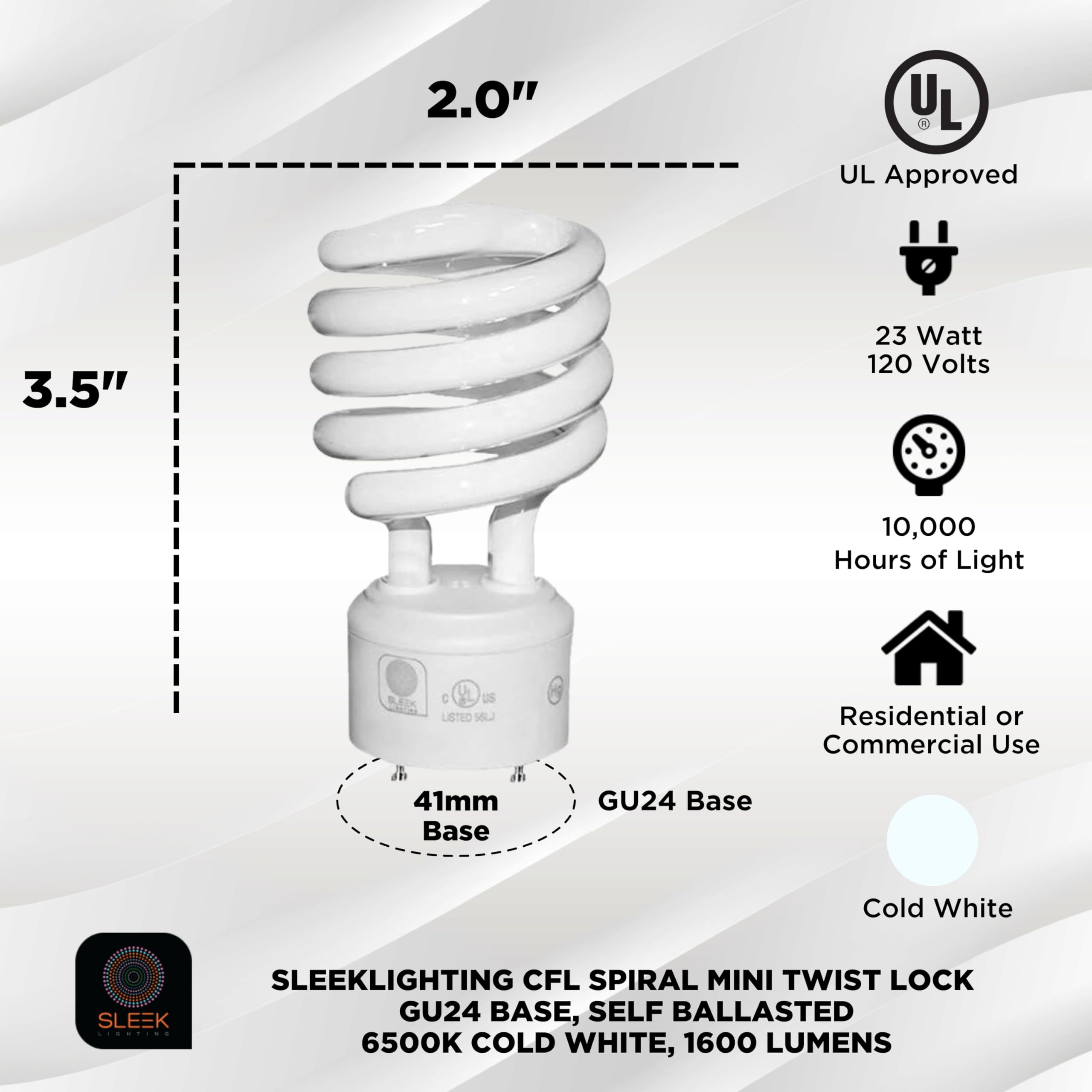Sleeklighting Gu24 Base 23W Cfl Light Bulb, 6500K Super White Daylight, 1600Lm, Glass, 4 Pack, Model 30351