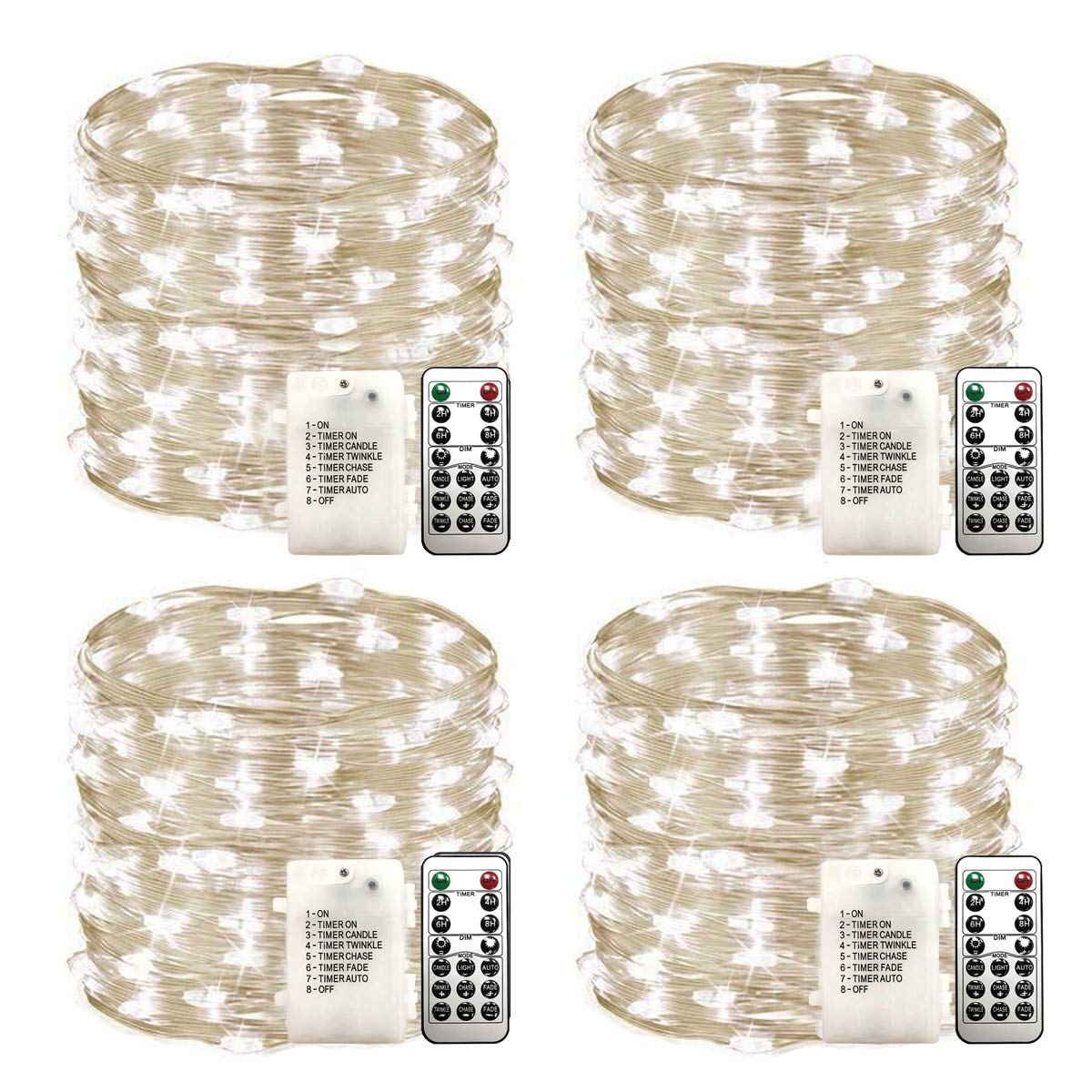 Wsgift 4 Pack 33Ft 100 Led Cool White Fairy Lights With Remote, Timer, Waterproof Copper Wire