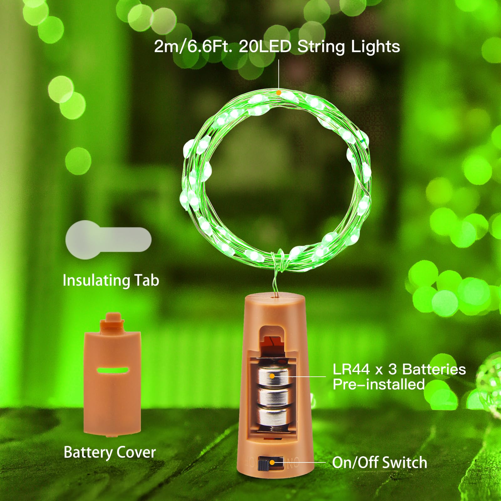 Brightown Wine Bottle Lights With Cork - 10 Pack 7Ft 20 Led Battery Operated Cork Lights, Waterproof Silver Wire Mini Fairy Lights For Liquor Bottles Diy Party Holiday Wedding Décor, Green