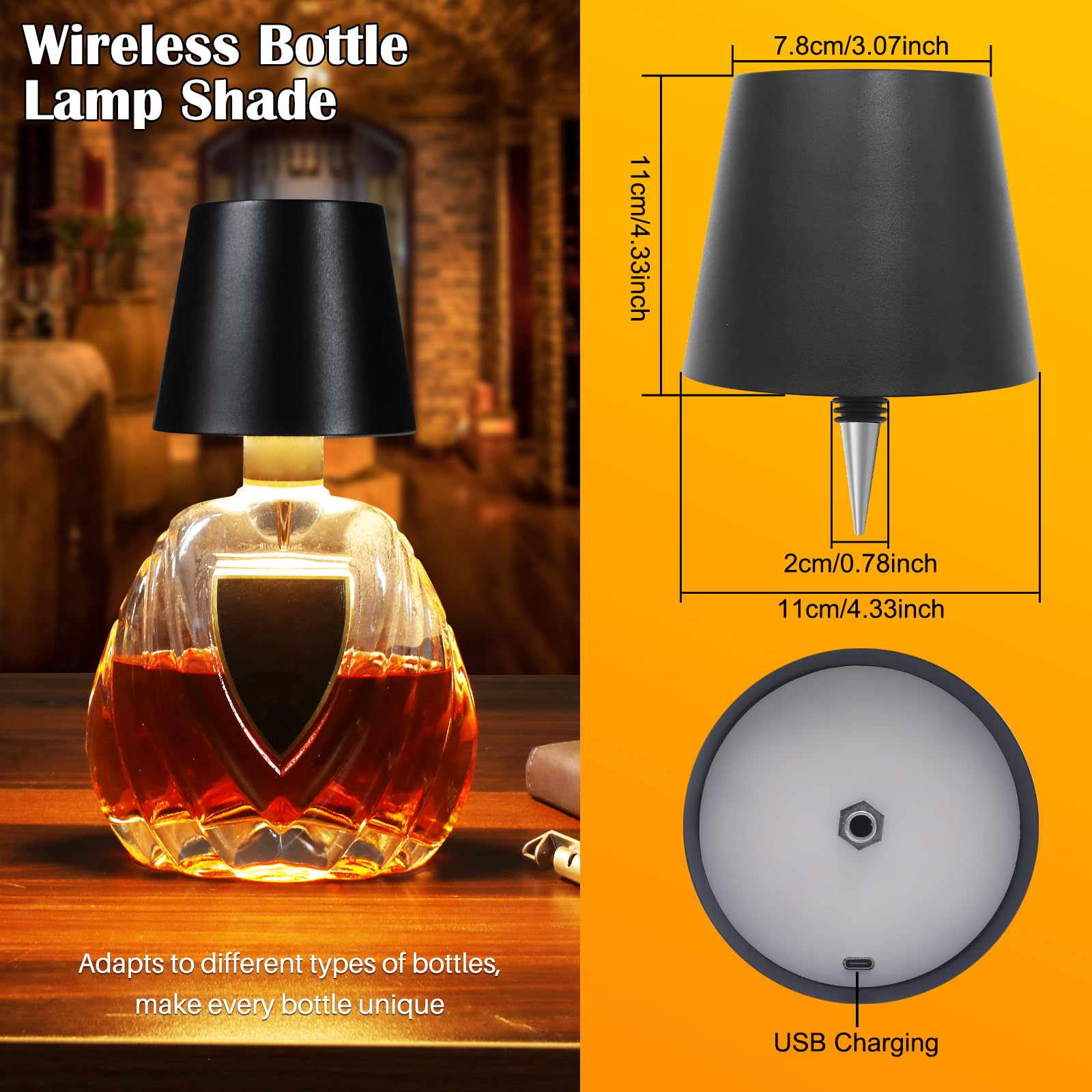 Wireless Bottle Lamp, Adjustable Brightness 3 Color Wine Bottle Light With 2500 Mah Battery, Touch Control Rechargeable Metal Waterproof Table Lamp For Dining Room/Bedroom/Bar, Black