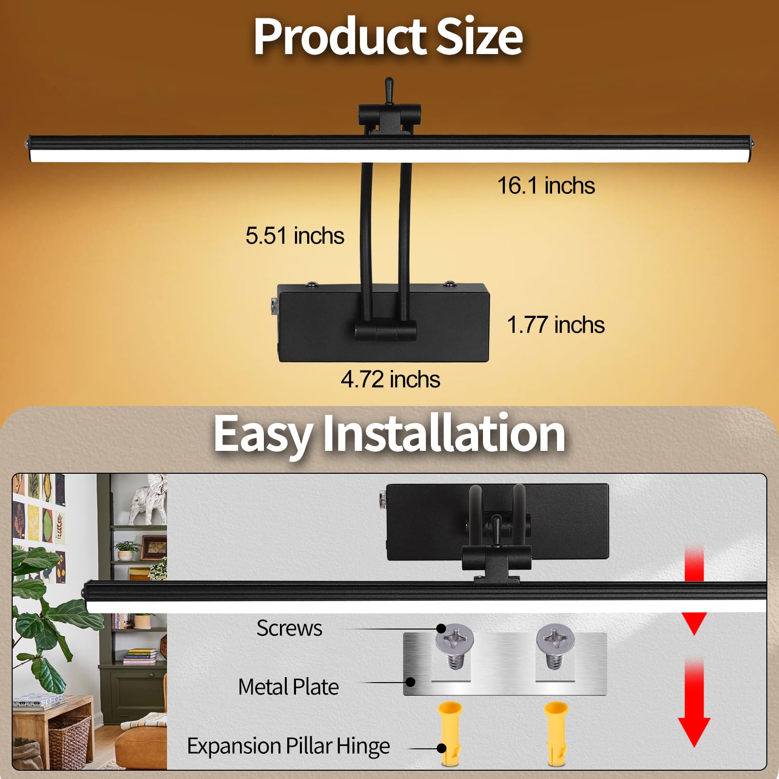 Picture Light with Remote, 16 in Wireless Rechargeable 5200mAh Battery Operated Wall Light, 5 Colors Paintings Light Dimmable an