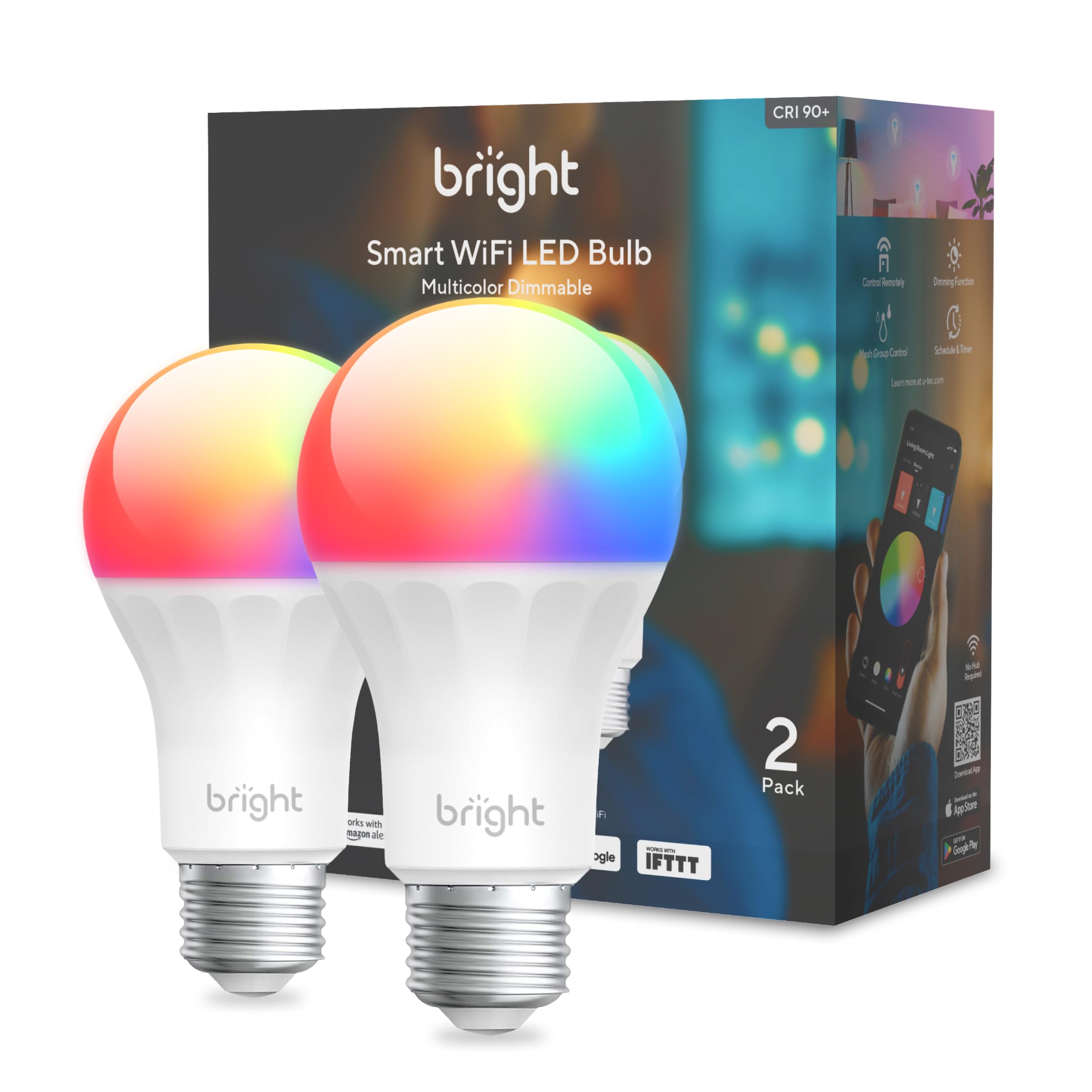 U-tec Smart Light Bulbs, A19-C1, 1100 Lumen, WiFi & Bluetooth, 16 Million Colors, 2 Pack, White, Aluminum