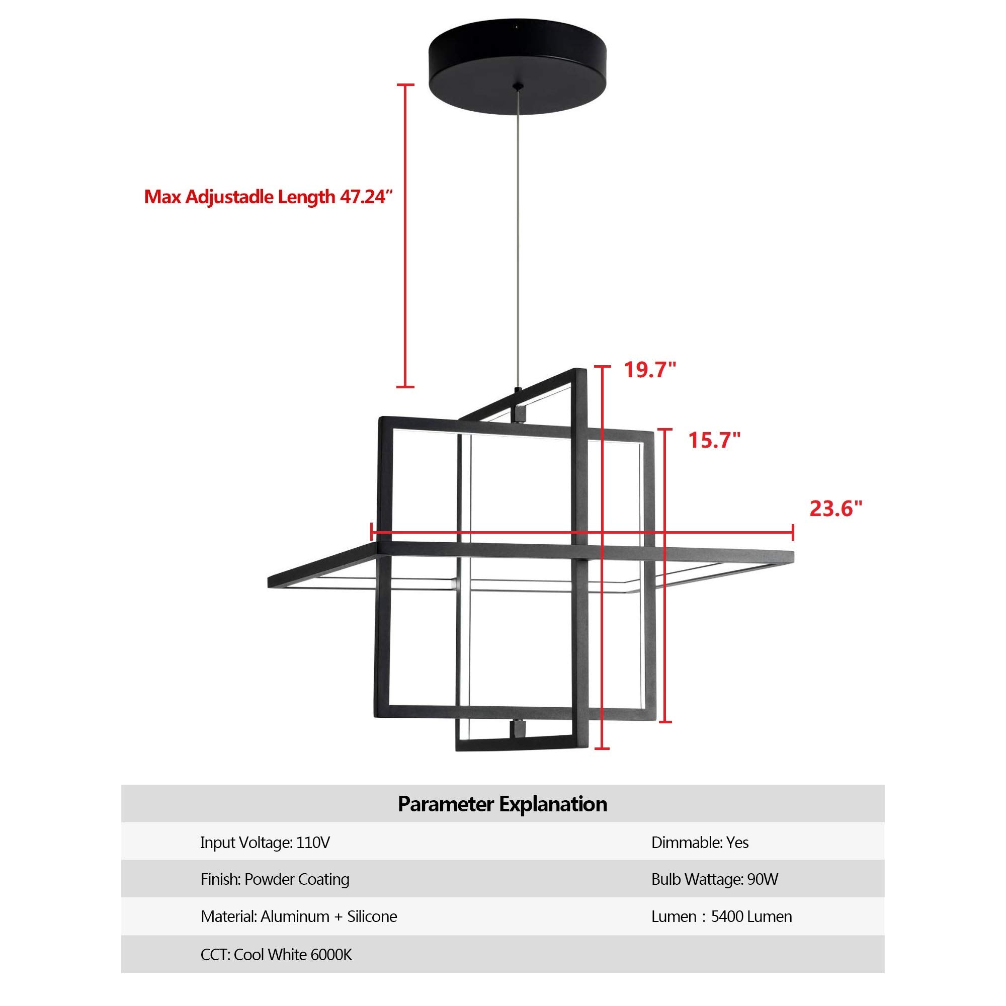 Sunmoo Modern Led Chandelier Led Pendant Light Square Contemporary Chandelier Hanging Light Dimmable For Living Room, Dining Roo