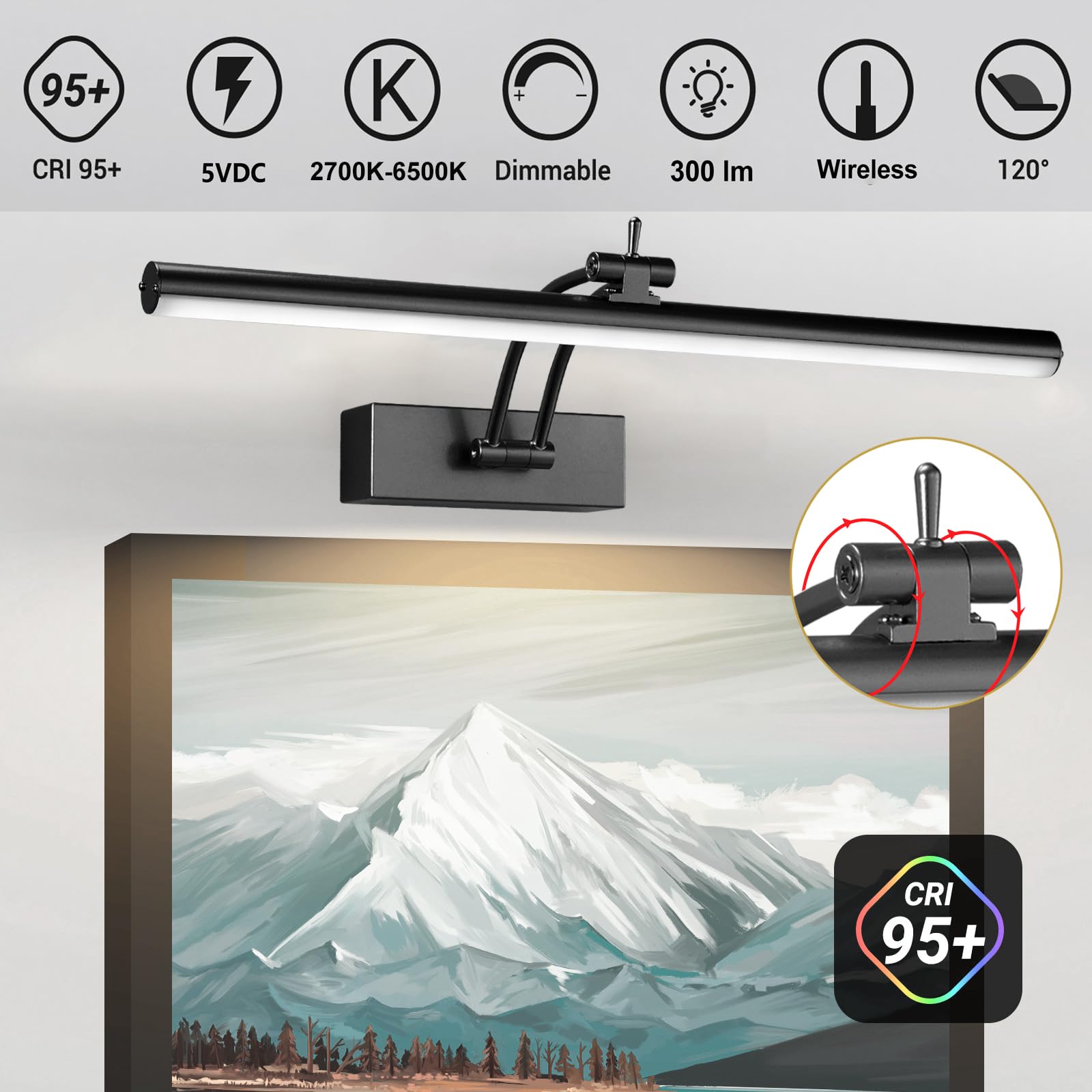 Yuichoy 2 Pack 16" Wireless Picture Lights, Dimmable Art Lighting, Remote Control, Black