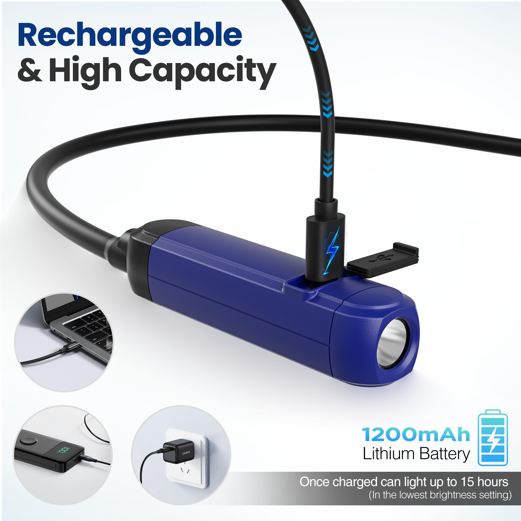 WORKPRO Rechargeable Neck Light, 300 Lumens, 3 Brightness Levels, Bendable Silicone Arm, Blue and Black, Model W139033AF