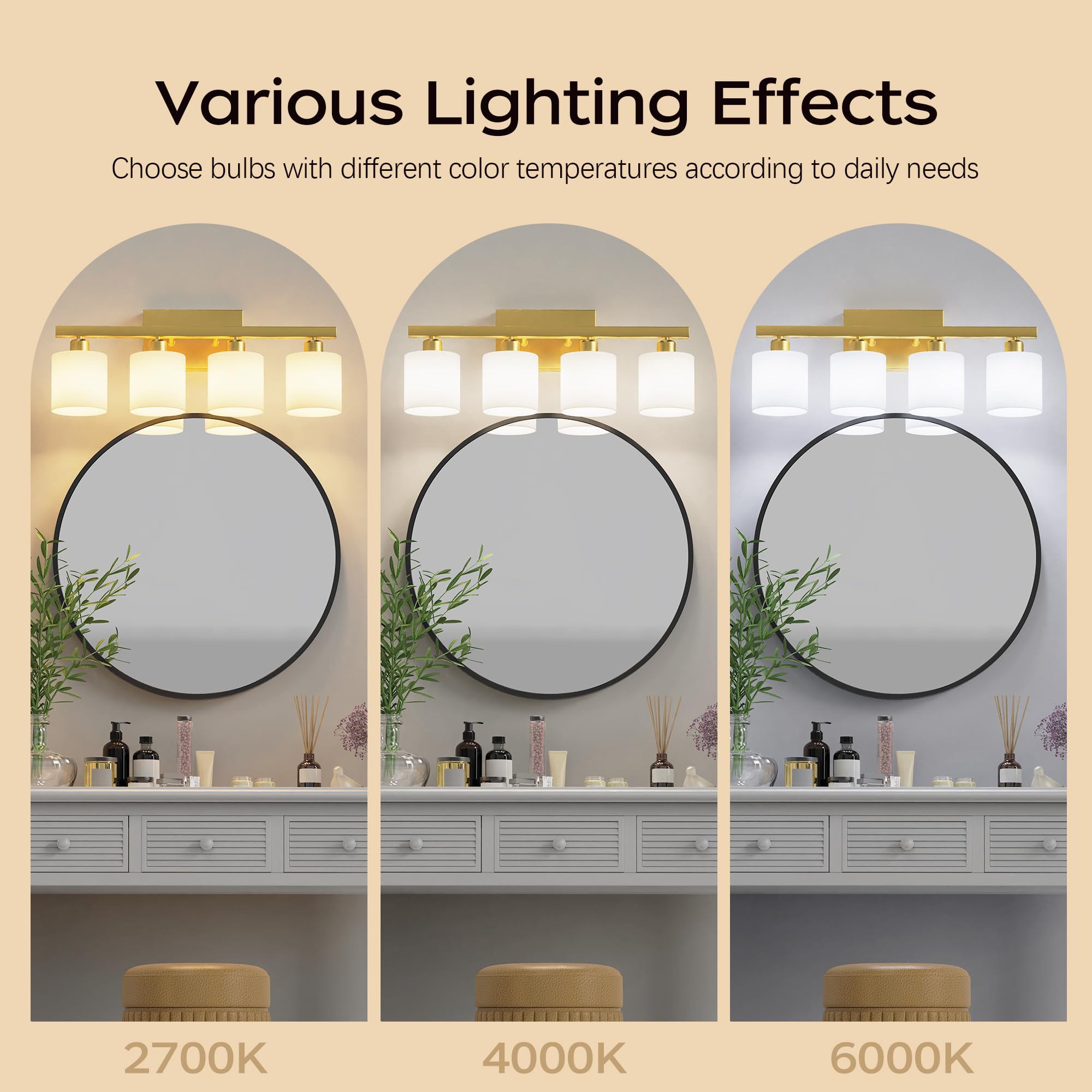 PARTPHONER Bathroom Light Fixtures, 4-Light Vanity Light, Brushed Gold, Textured White Glass Shade, Model PAWL201AJ1