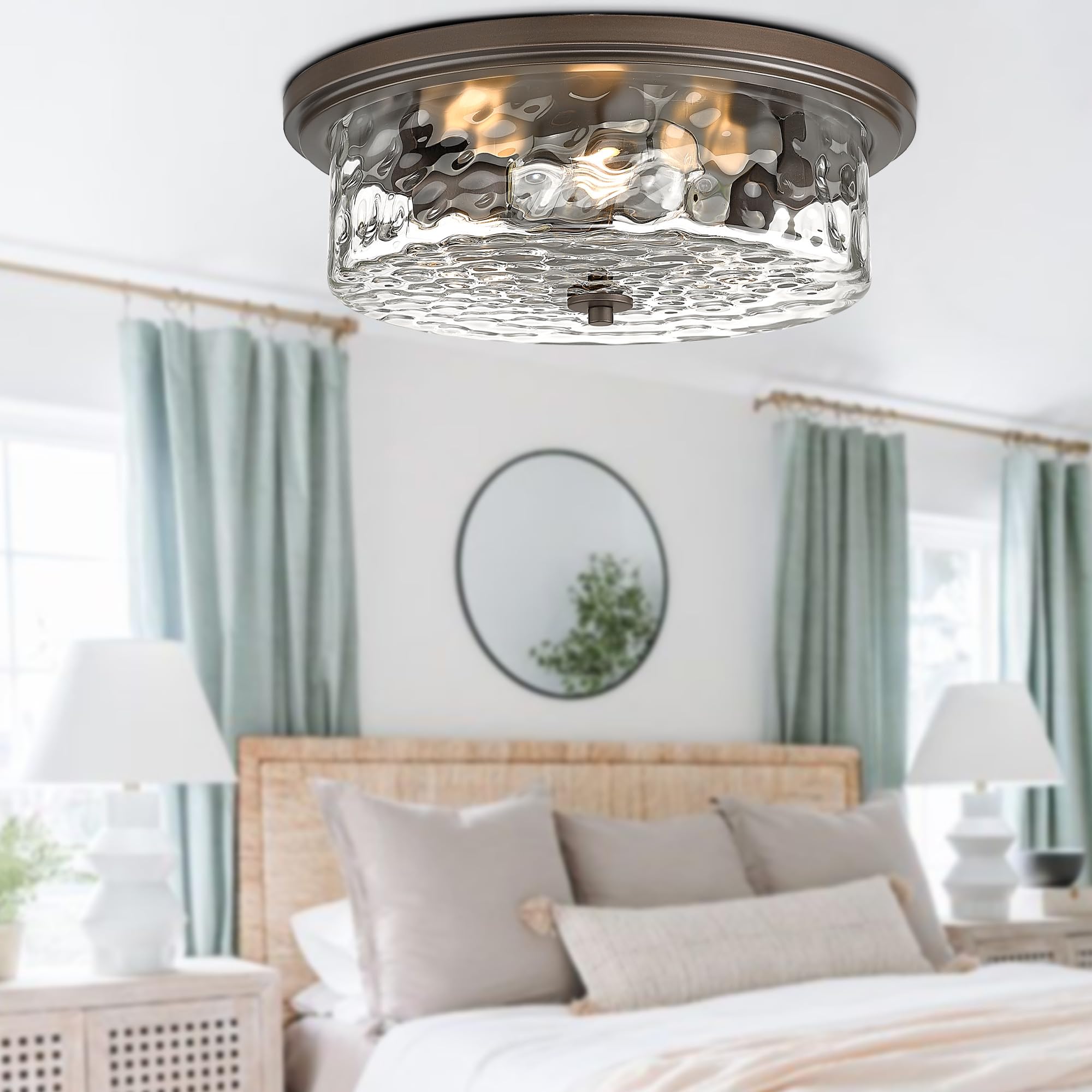 Odeums 16&quot; Oil-Rubbed Bronze Industrial Flush Mount Ceiling Light, 3-Light Hammered Glass Fixture