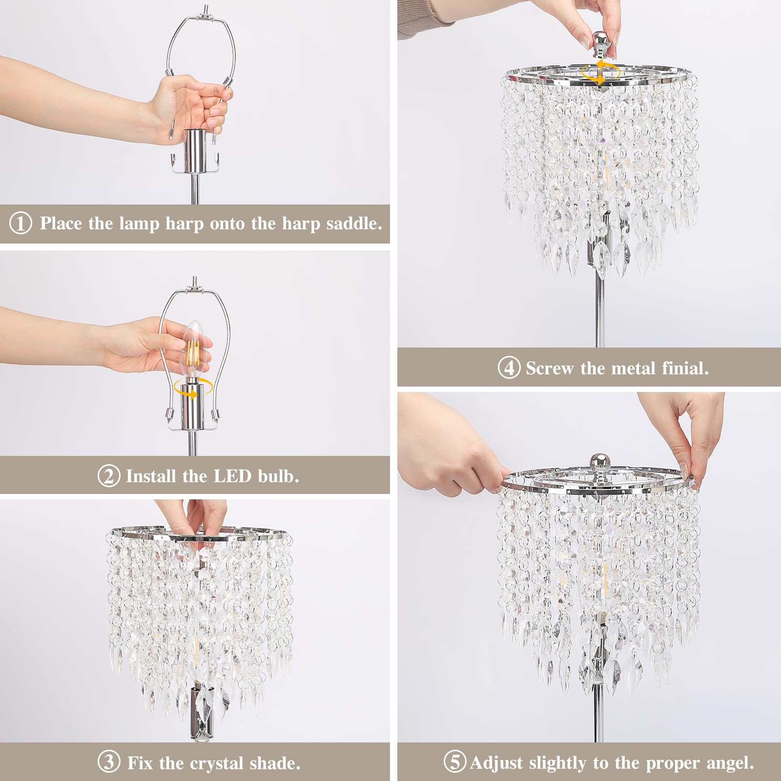 Boncoo Crystal Table Lamp Set of 2, Touch Control, USB Ports, Dimmable, Silver, Includes 4W LED Bulb, Elegant Nightstand Lighting