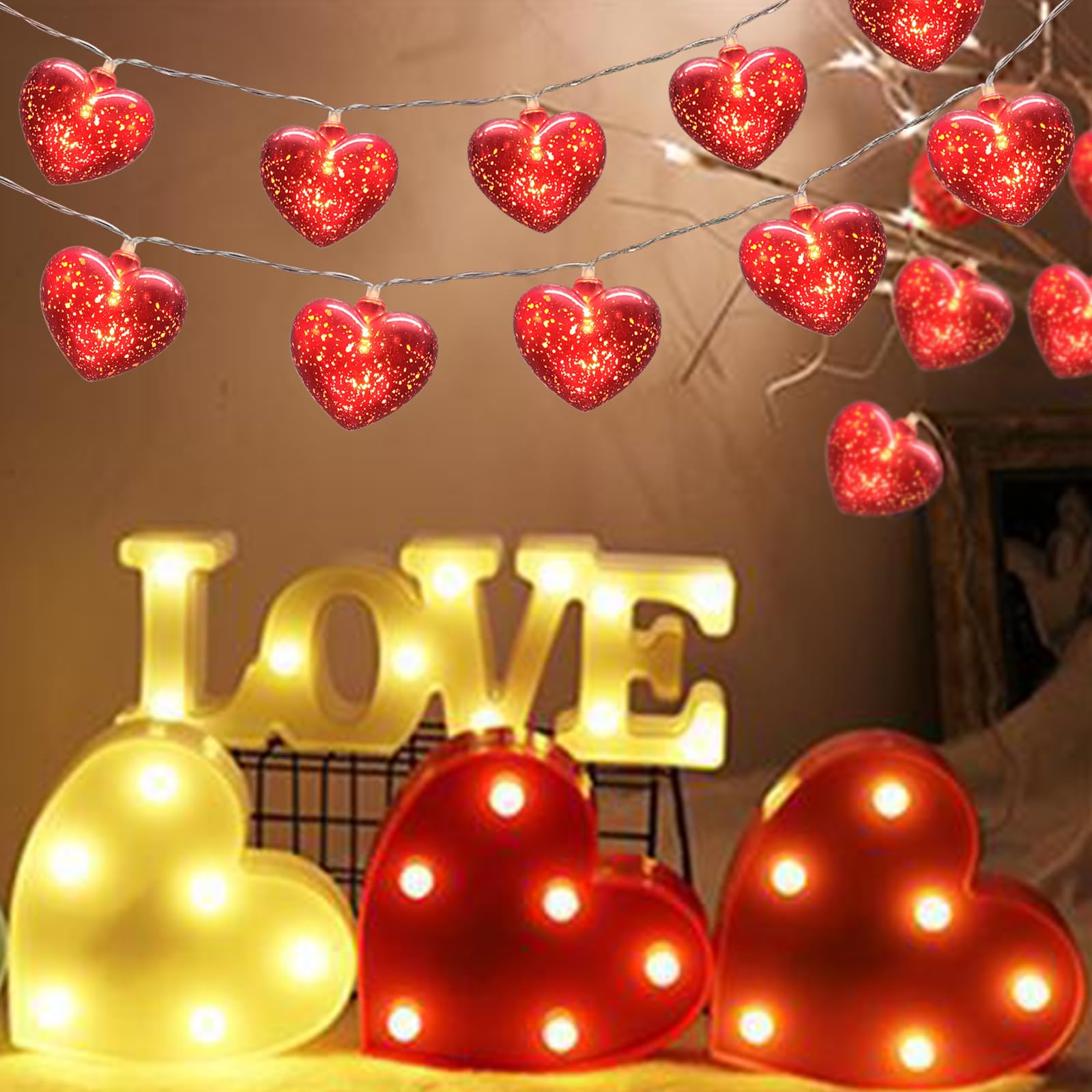 Valentine Heart Lights 6.8Ft 10 LED Valentines Day Lights with Remote Timer, Battery Powered Heart String Lights Indoor Valentin