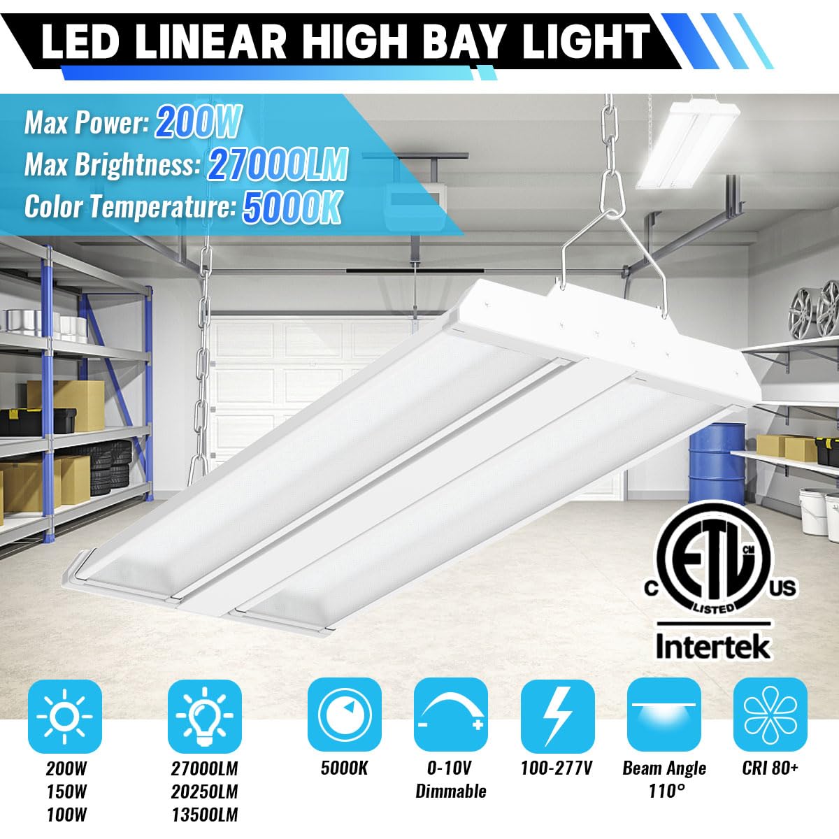 Allsmartlife 200W Led Linear High Bay Light 2-Pack, 27000Lm Dimmable, 5000K Day