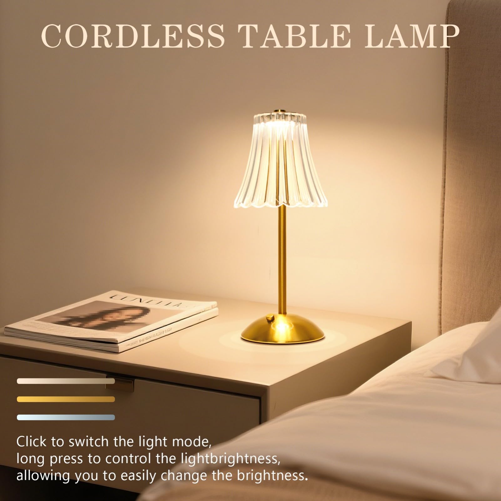 Gkeiten Cordless Led Touch Lamp With Crystal Acrylic Shade, Usb Rechargeable, 3-Color Temperature, Dimmable Table Light, Portabl