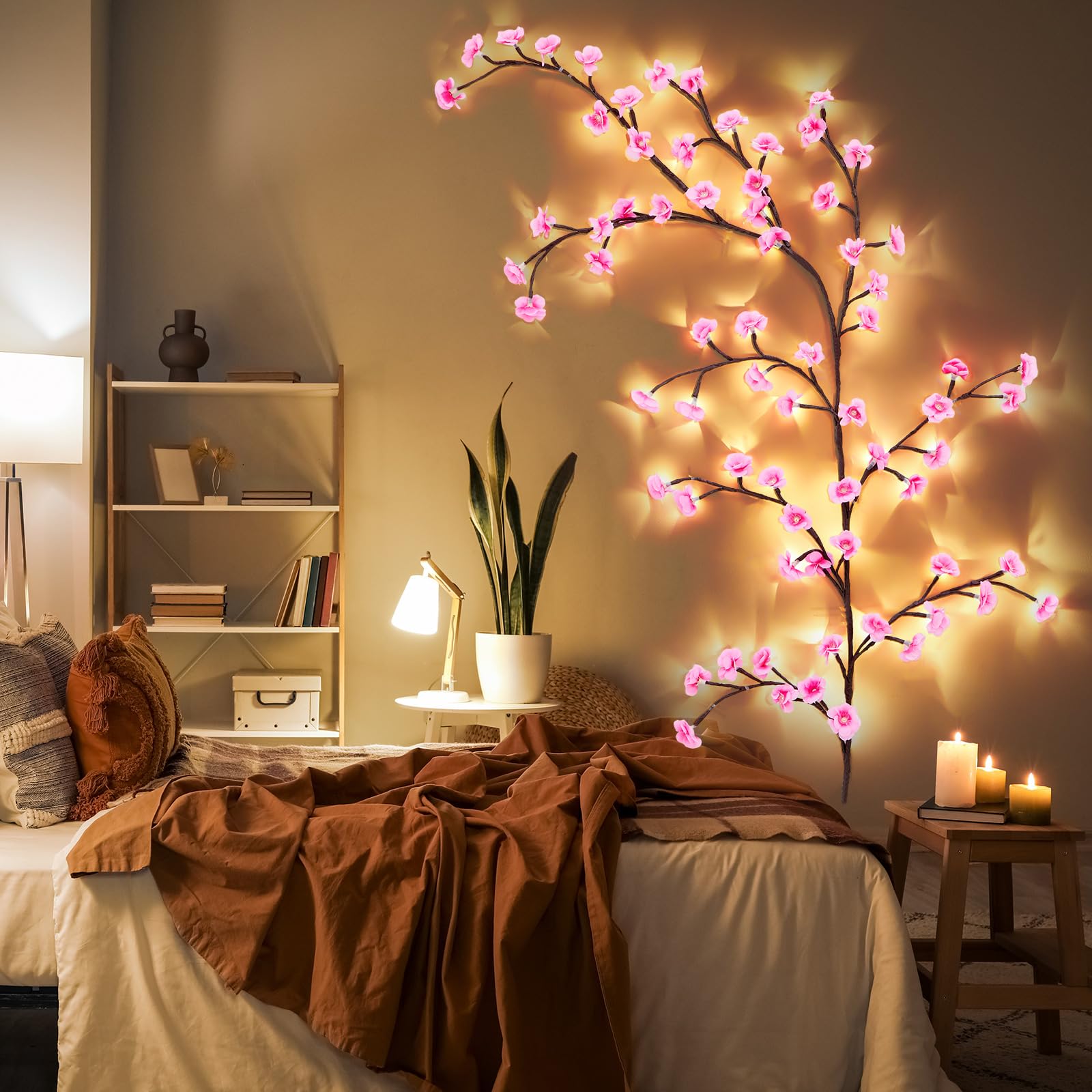 Glooglitter 2 Sets Cherry LED Tree Branch Lights for Wall 3.94 FT 48 LED Cherry Blossom Willow Vine Twig Flower String Lights Ch