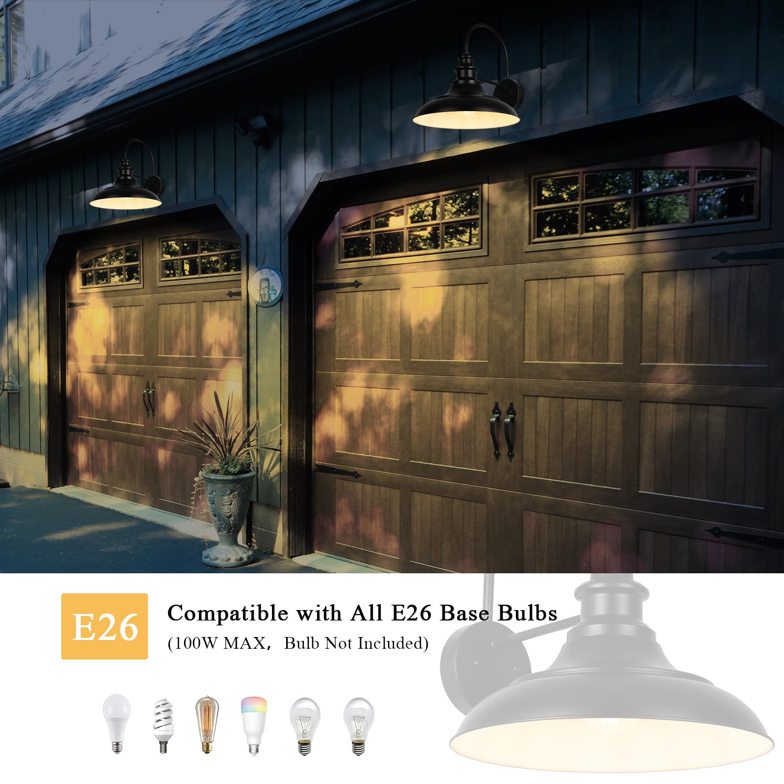 Diyel Outdoor Barn Light Fixture, 12.3 Inch Gooseneck Wall Sconce, Iron, Black White, Model RZ004-4