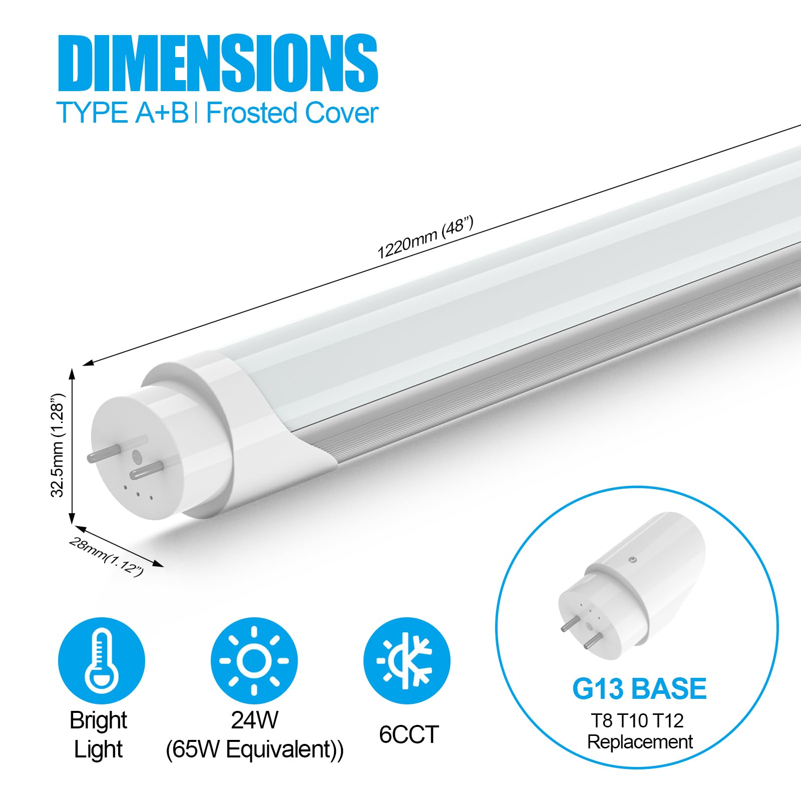 Rgbylediison T8 T12 Led Bulbs 4 Foot, 4Ft Tube Lights 6Cct 3000K-6500K/5 Power(10W-24W), Led 4Ft Fluorescent Tube Replacement, H