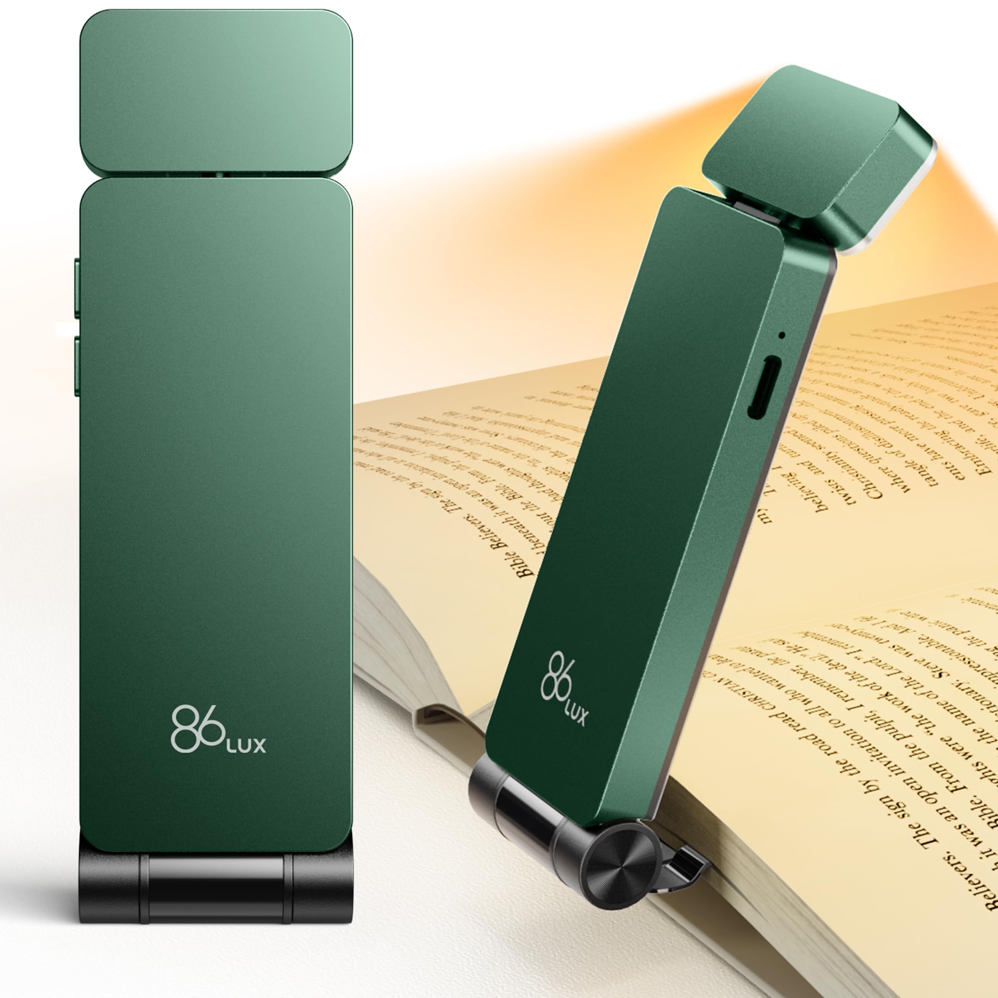 86lux Book Light, Rechargeable Reading Lights for Books in Bed, Ultralight Clip-on LED Bookmark Lamp with 3 Amber Colors & Stepless Dimming for Night Reading for Book Lovers, Kids,Hunter Green