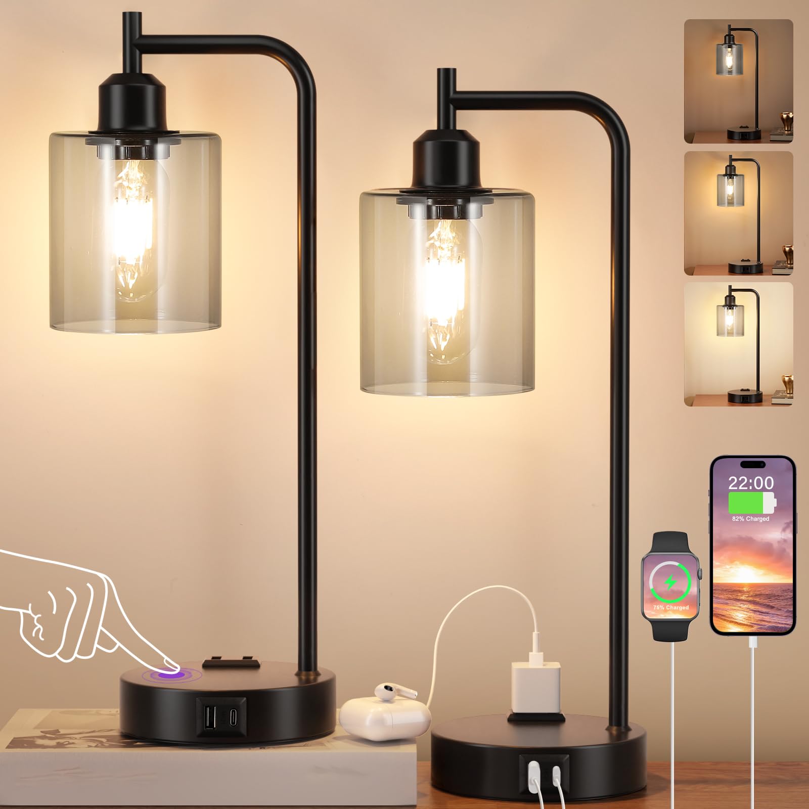 Innqoo 3-Way Dimmable Table Lamps Set of 2 with USB Ports, Gray Glass Shade for Bedroom and Home Office