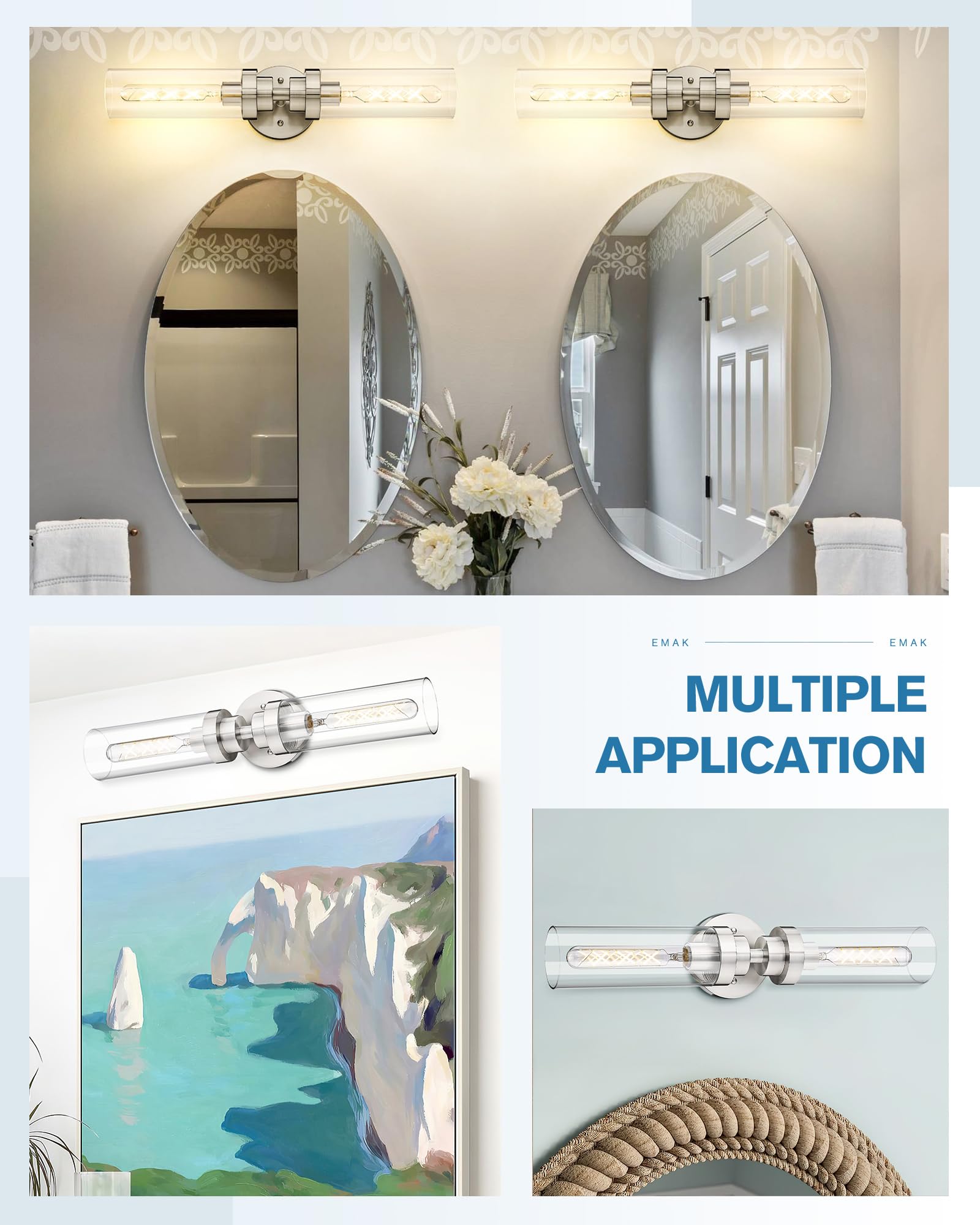 Emak 22 Inch Brushed Nickel Bathroom Vanity Light, 2-Light Cylinder Sconce with Clear Glass Shade, Model VL085-BN-2