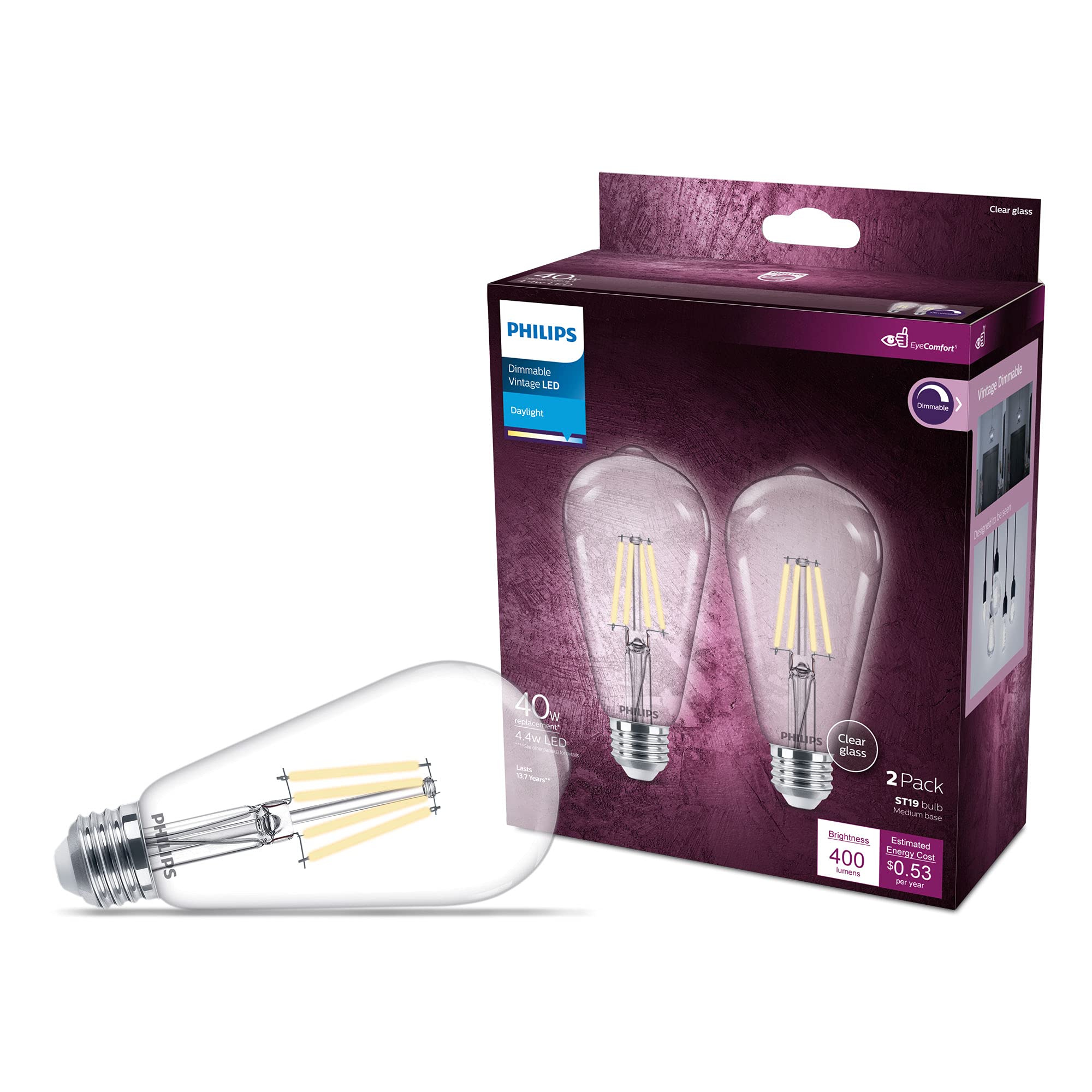 Philips Led Vintage Flicker-Free Clear Straight St19 Dimmable, Eyecomfort Technology, 400 Lumen, Daylight(5000K), 4.4W=40W, Title 20 Certified, E26 Base, 2-Pack (564864)