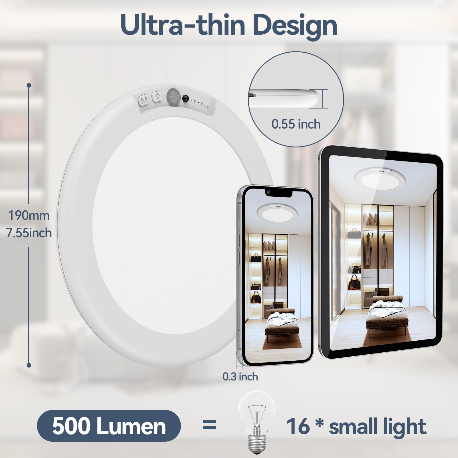 Oryar 2 Pack Rechargeable Motion Sensor Ceiling Light, Wireless Ceiling Lights Battery Operated Closet Light With Remote, 500Lm