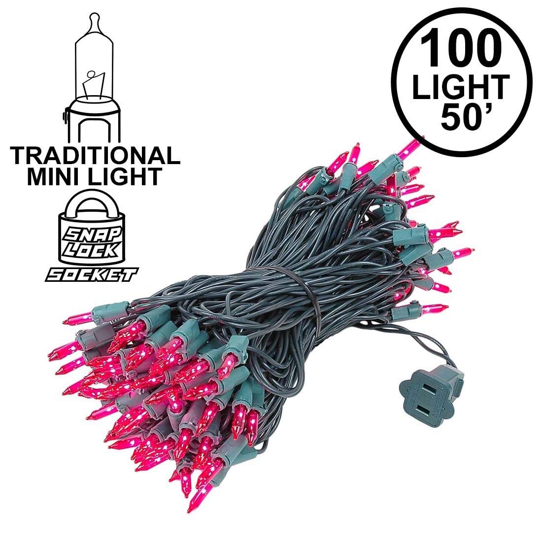 Novelty Lights 100 Light Pink Christmas Mini String Light Set, Green Wire, Indoor/Outdoor Ul Listed, 50' Long