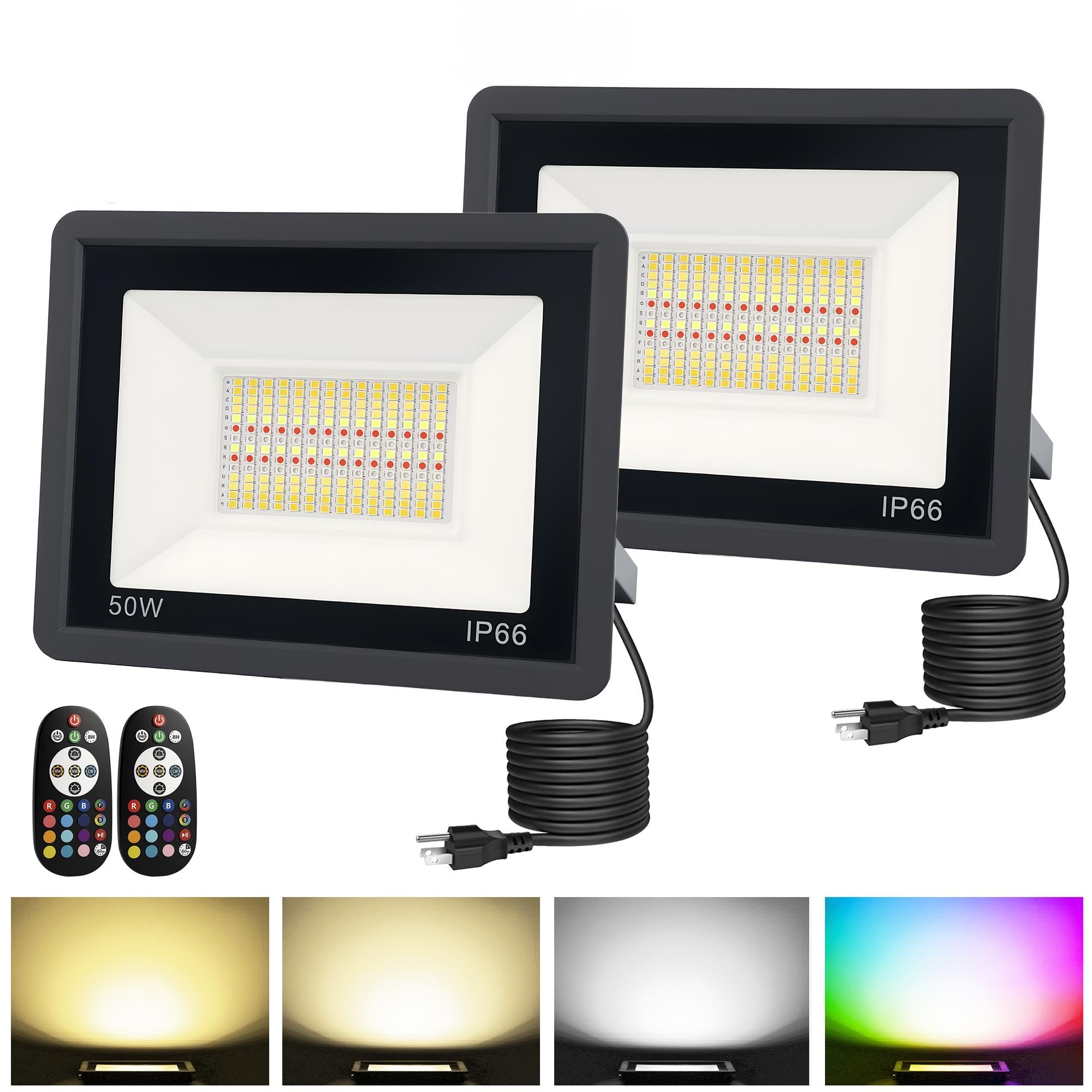 L LOHAS LED 50W RGB Flood Light Outdoor with Remote Control, Timing, IP66, 2 Pack, 2700K/4500K/6500K