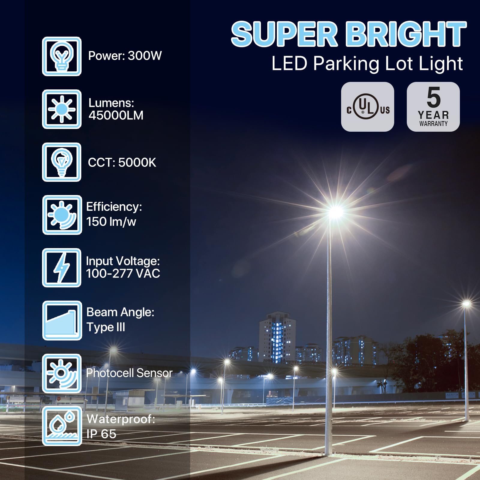 HYPERLITE 300W LED Parking Lot Light - 5000K, 45,000lm, UL Certified, IP65, Adjustable Slip Fitter, Bronze