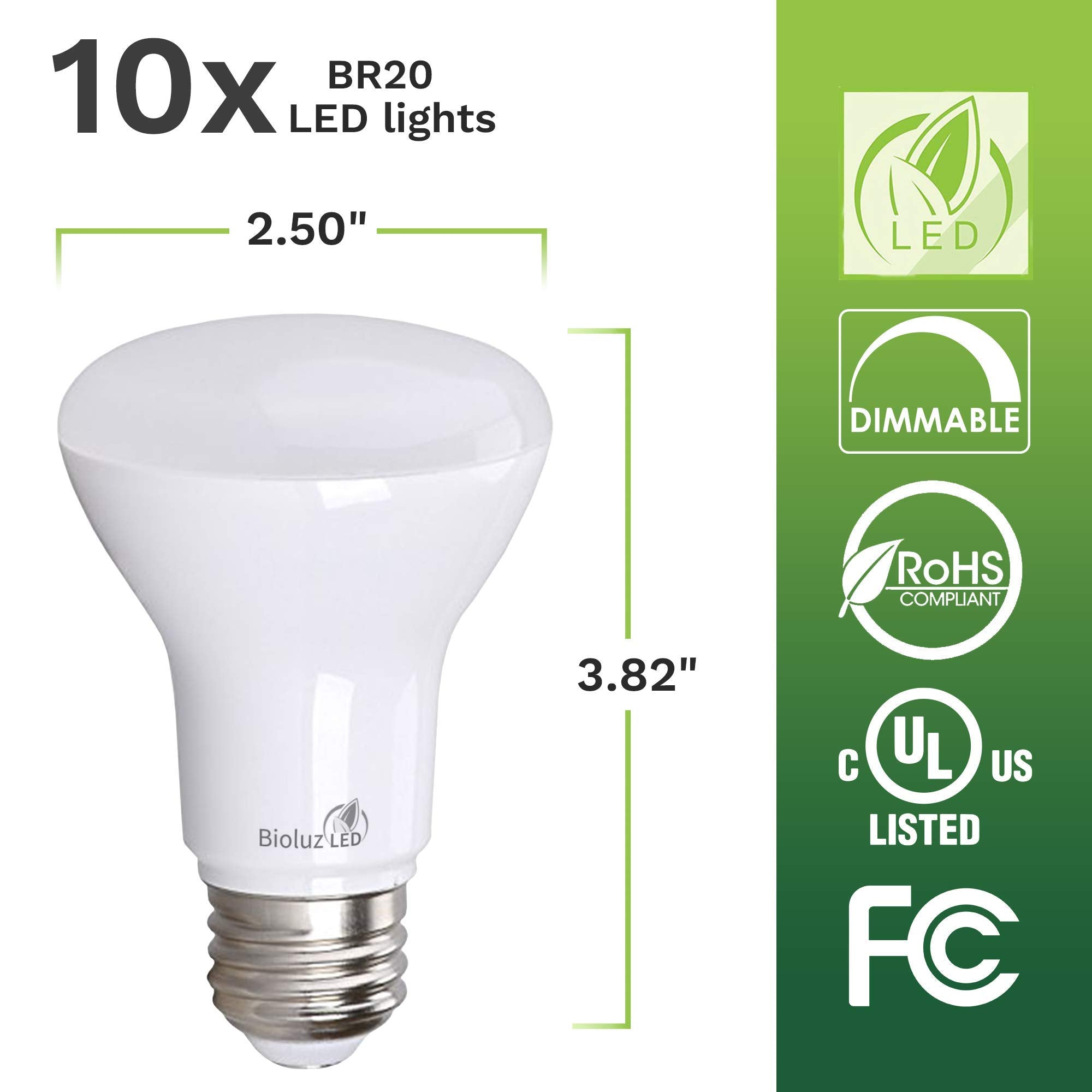Bioluz LED BR20 Light Bulbs 3000K Soft White 6W=50W 90 CRI 540 Lumen 10 Count Pack