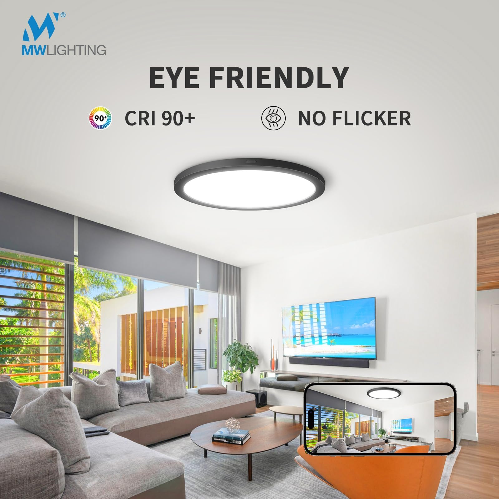 Mw Led Flush Mount Ceiling Light, 24 Inch Round Black Ceiling Lights, 48W 120V 5Cct, 24In Dimmable Led Light Fixture For Bedroom