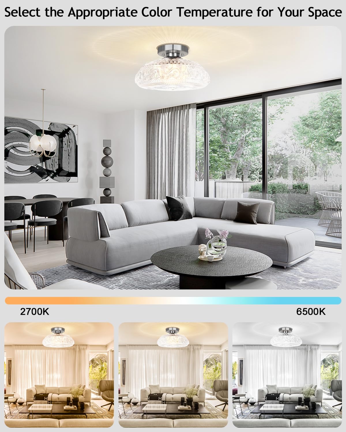 Semi Flush Mount Ceiling Light Fixture - 11 Inch Modern Glass Hall Light, Vintage Light Fixture For Kitchen, Hallway, Bathroom And Entry Way, Compatible With E26 Light Bulb, Silver