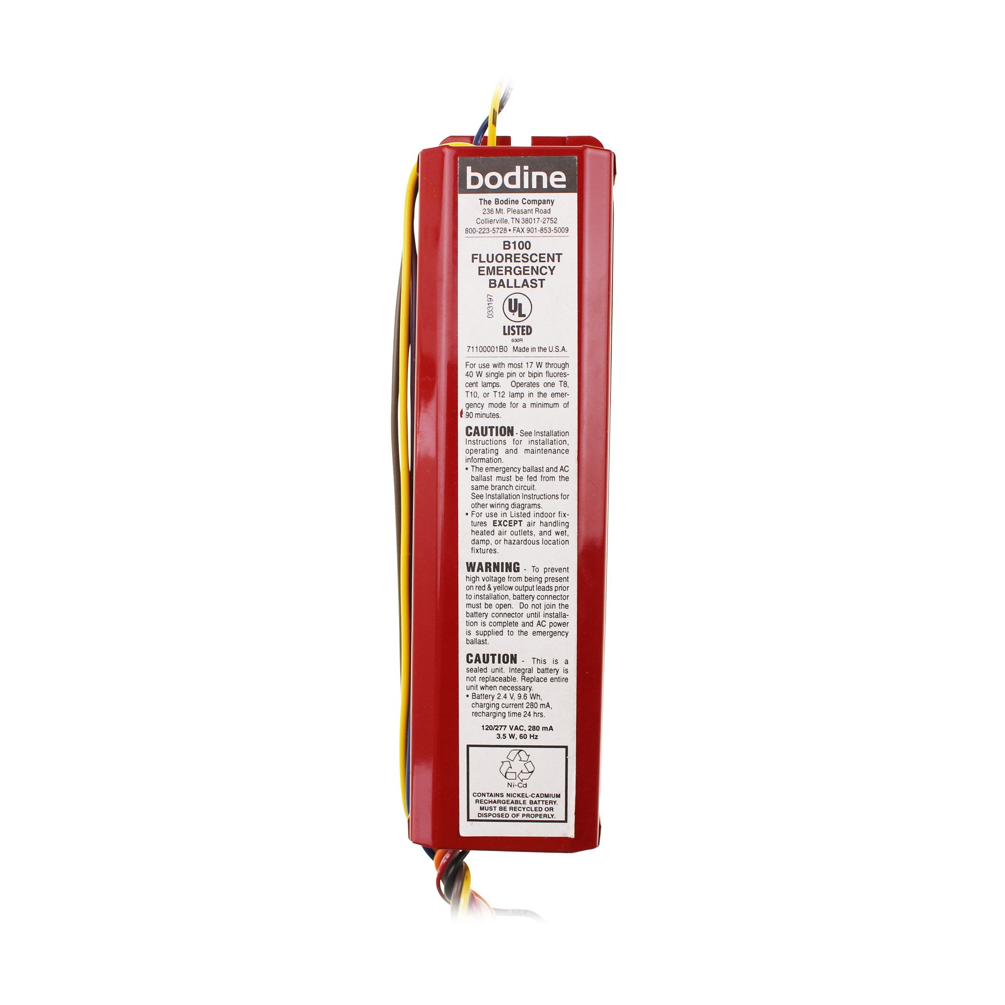 Bodine B100 - Emergency Backup Battery - 90 Min. - Operates 17-40 W 2 Ft. - 4 Ft. T8, T10 Or T12 Or 4-Pin Long Compact Lamps - 1