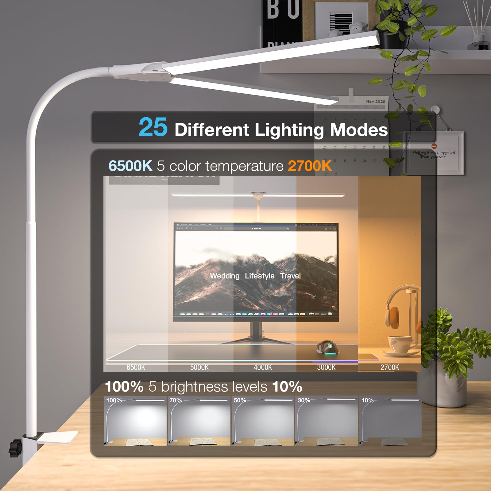 Led Desk Lamp, Double Head Desk Lamps For Home Office, Dimmable 25 Lighting Modes Bright Desk Lighting,12W 1400Lm Eye-Caring Architect Table Lamp For Workbench Monitor Reading Study, White